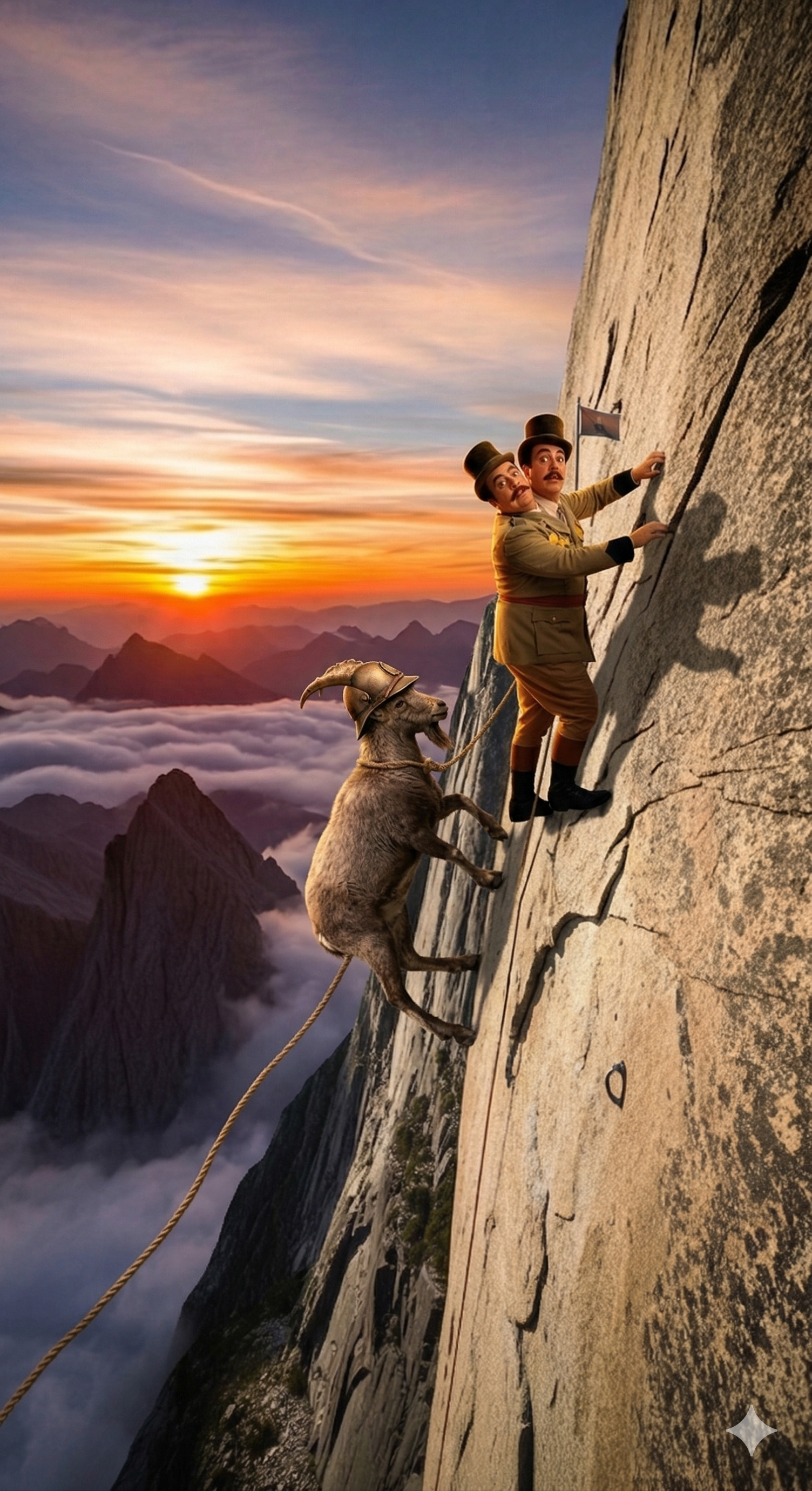 A person in a tan suit and top hat climbs a steep cliff face alongside a mountain goat at sunset above the clouds.