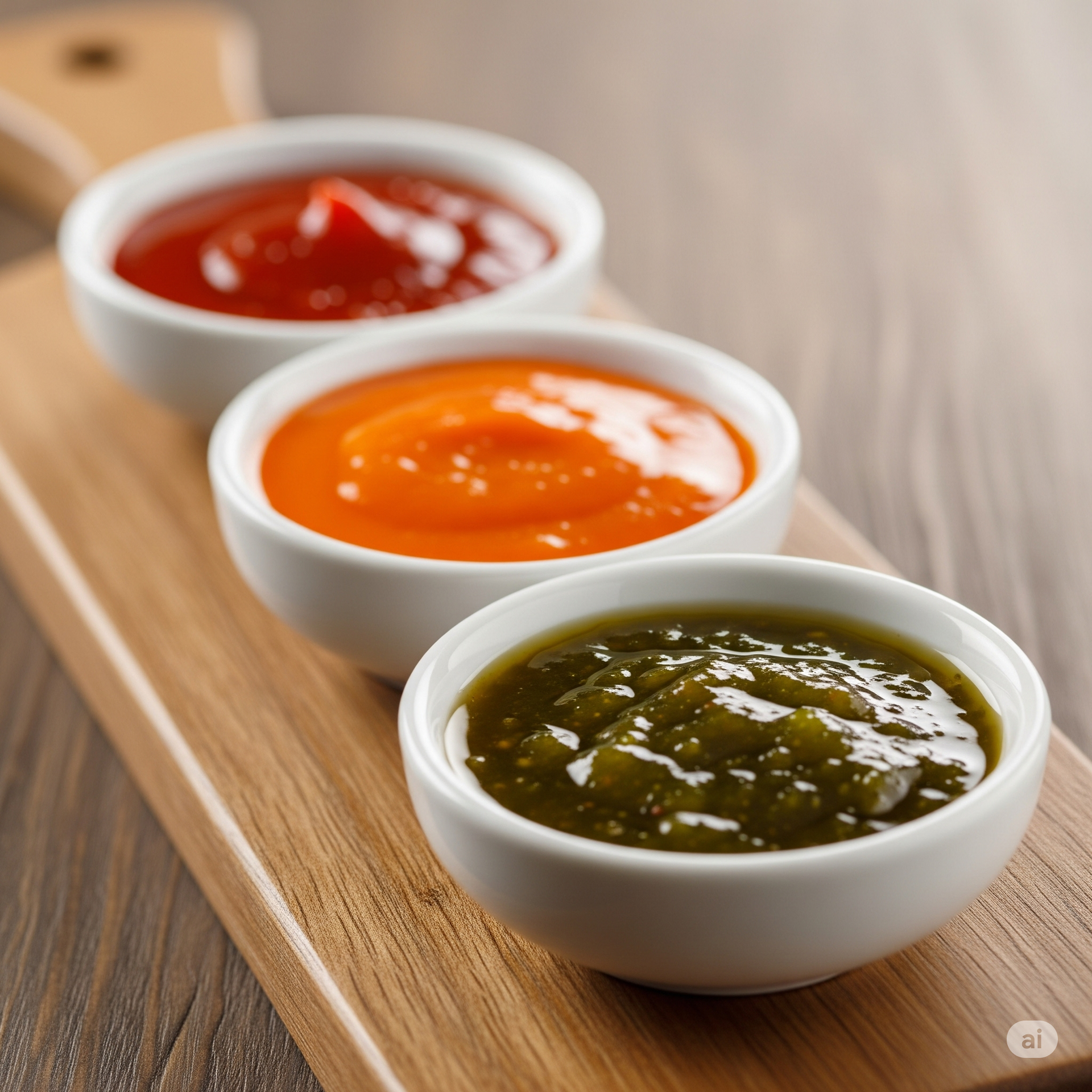 Three bowls of different sauces on a wooden cutting board