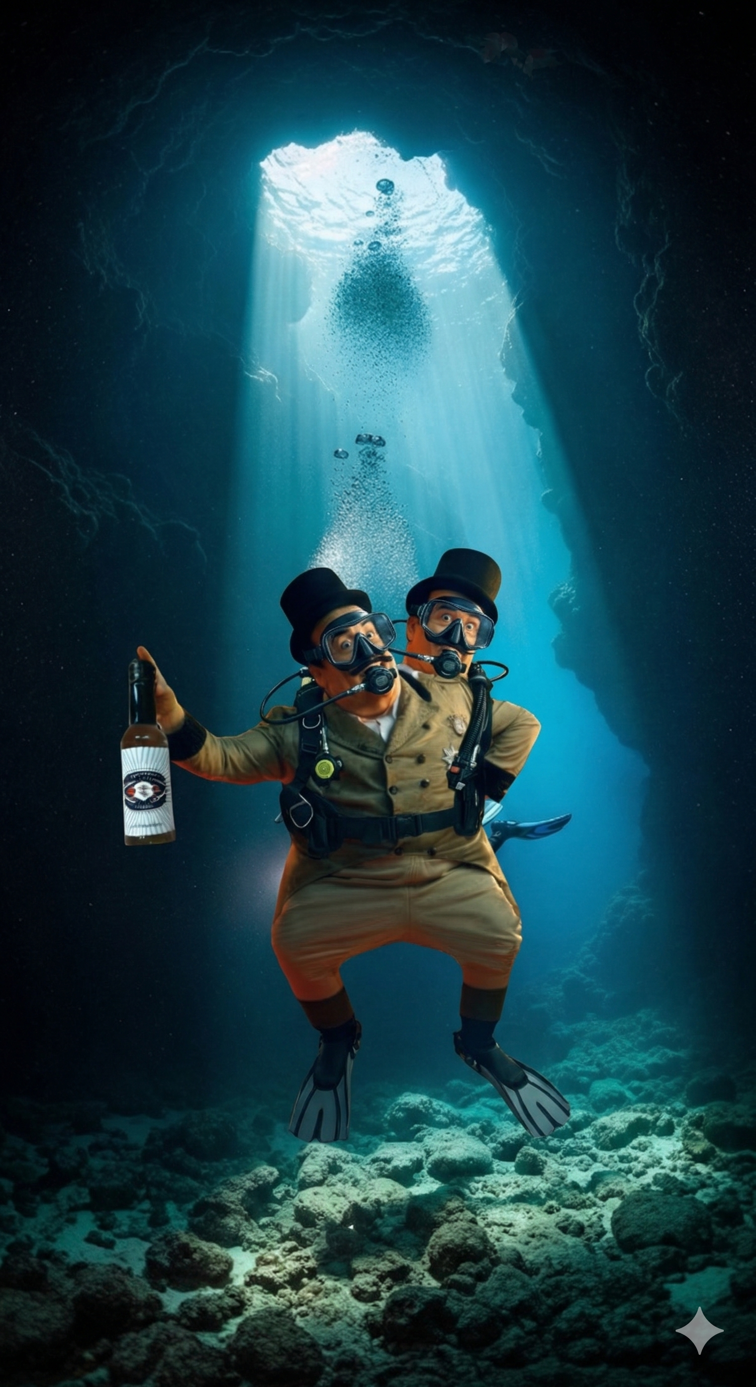 A two-headed diver in a suit and top hat underwater, holding a bottle while swimming through a sunlit cave opening.