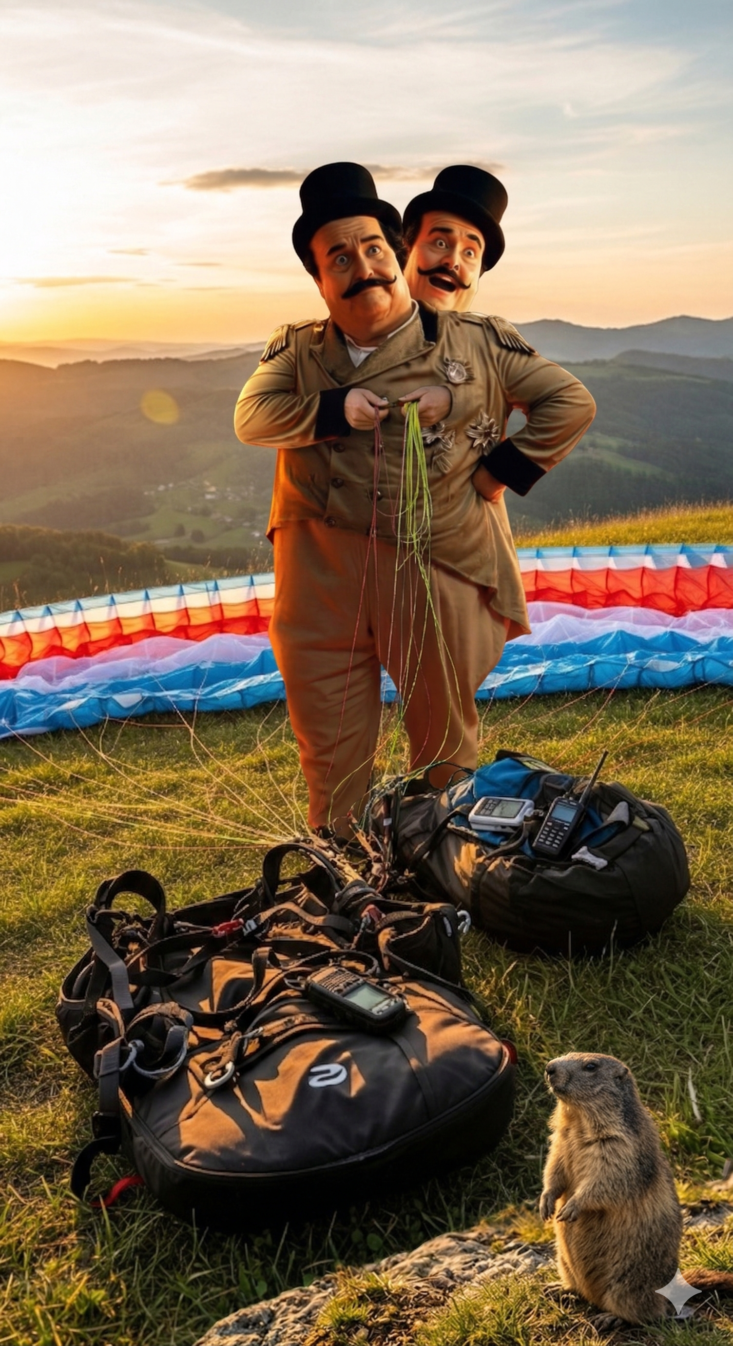 Two figures in top hats and vintage costumes stand on a grassy hill at sunset, pouring green liquid near a small marmot.