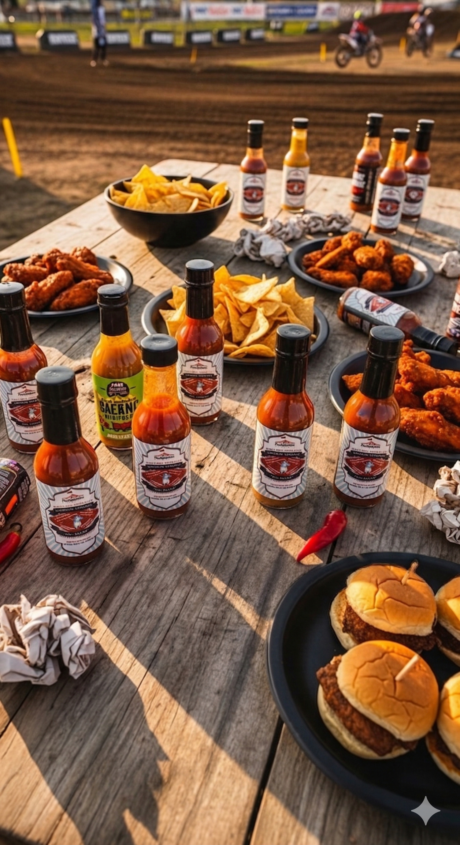 A table outdoors at a dirt track racetrack is filled with hot sauce bottles, wings, bowls of chips, and slider burgers. A table outdoors at a dirt track racetrack is filled with hot sauce bottles, wings, bowls of chips, and slider burgers.
