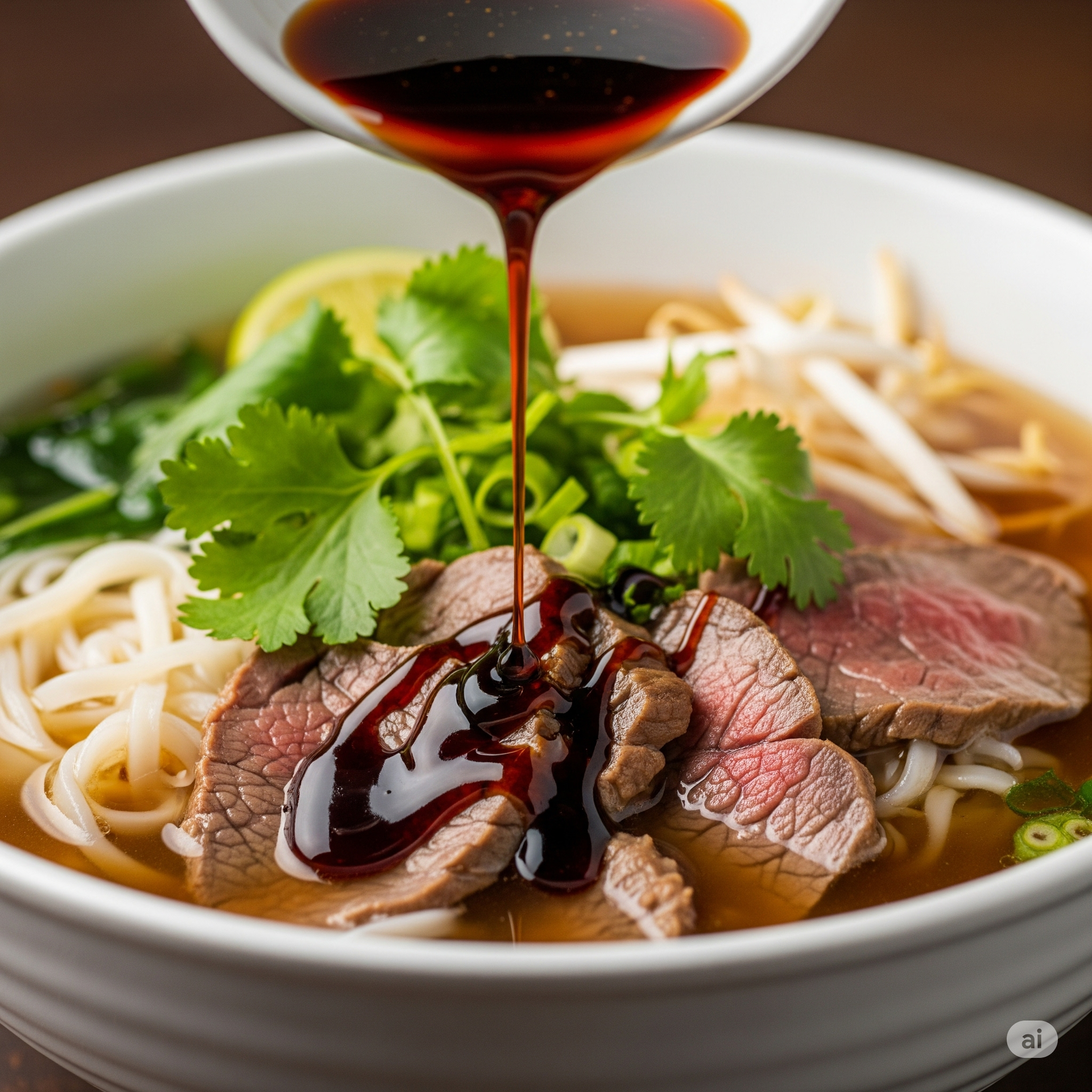 A bowl of soup with meat and noodles is being poured with sauce. A bowl of soup with meat and noodles is being poured with sauce.