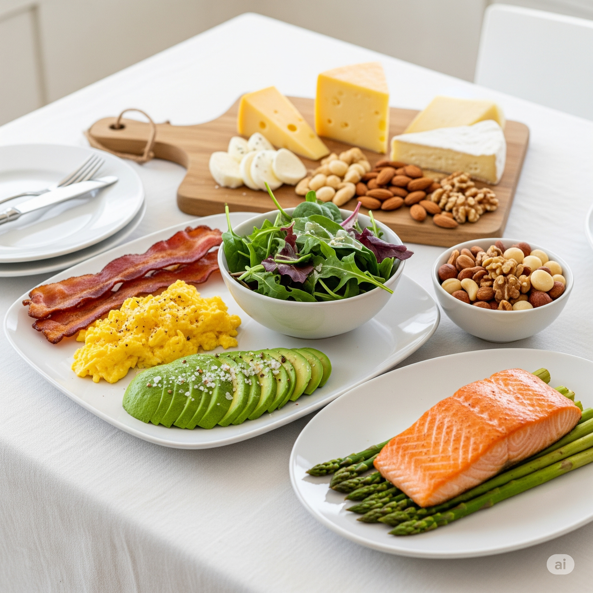 A table topped with plates of food including salmon and asparagus A table topped with plates of food including salmon and asparagus