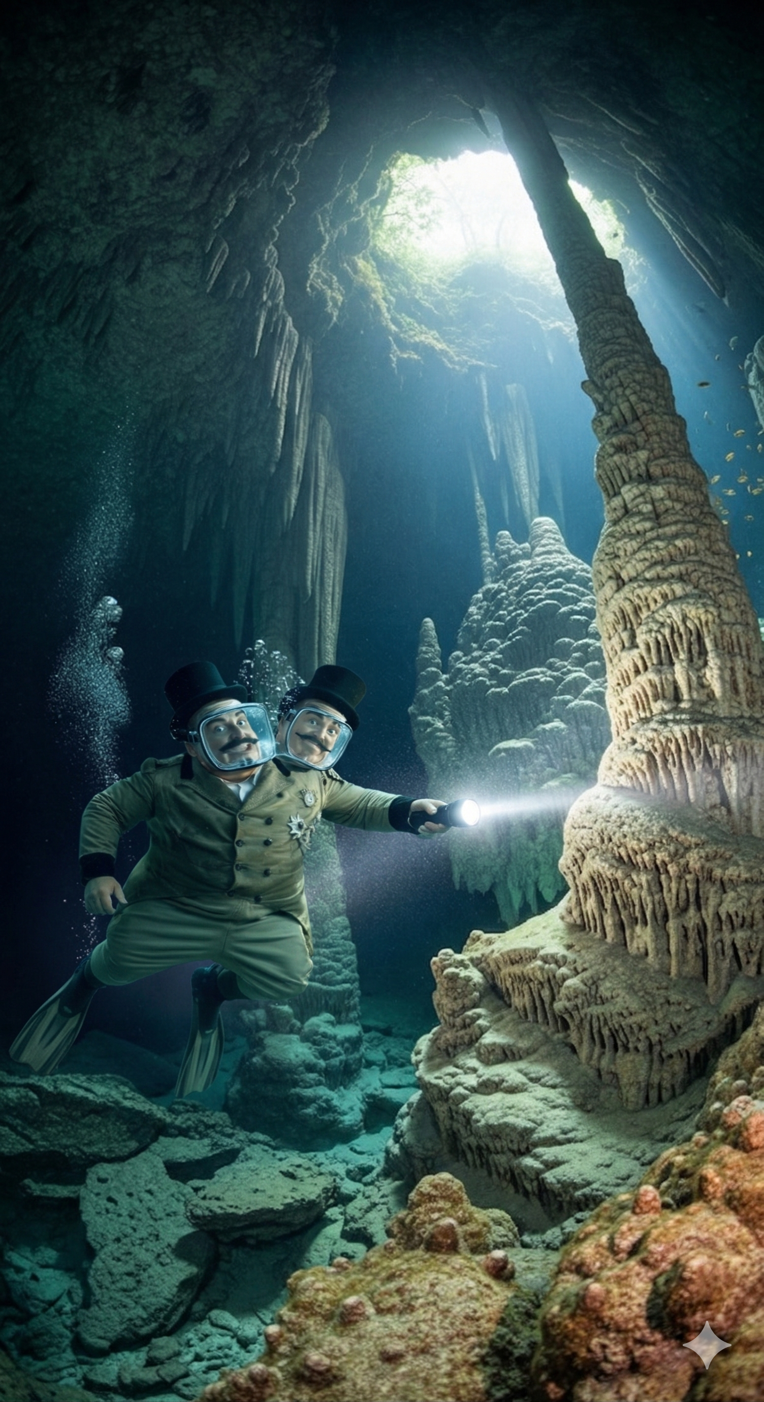 Two divers in top hats and formal jackets explore a sunlit underwater cave, illuminating a large rock formation.