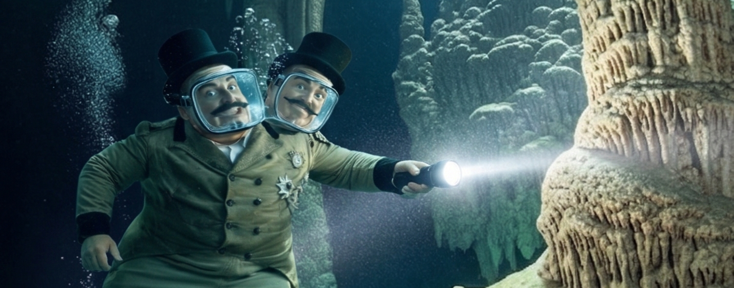 Two people in top hats and vintage diving helmets underwater shine a flashlight on a cave formation.