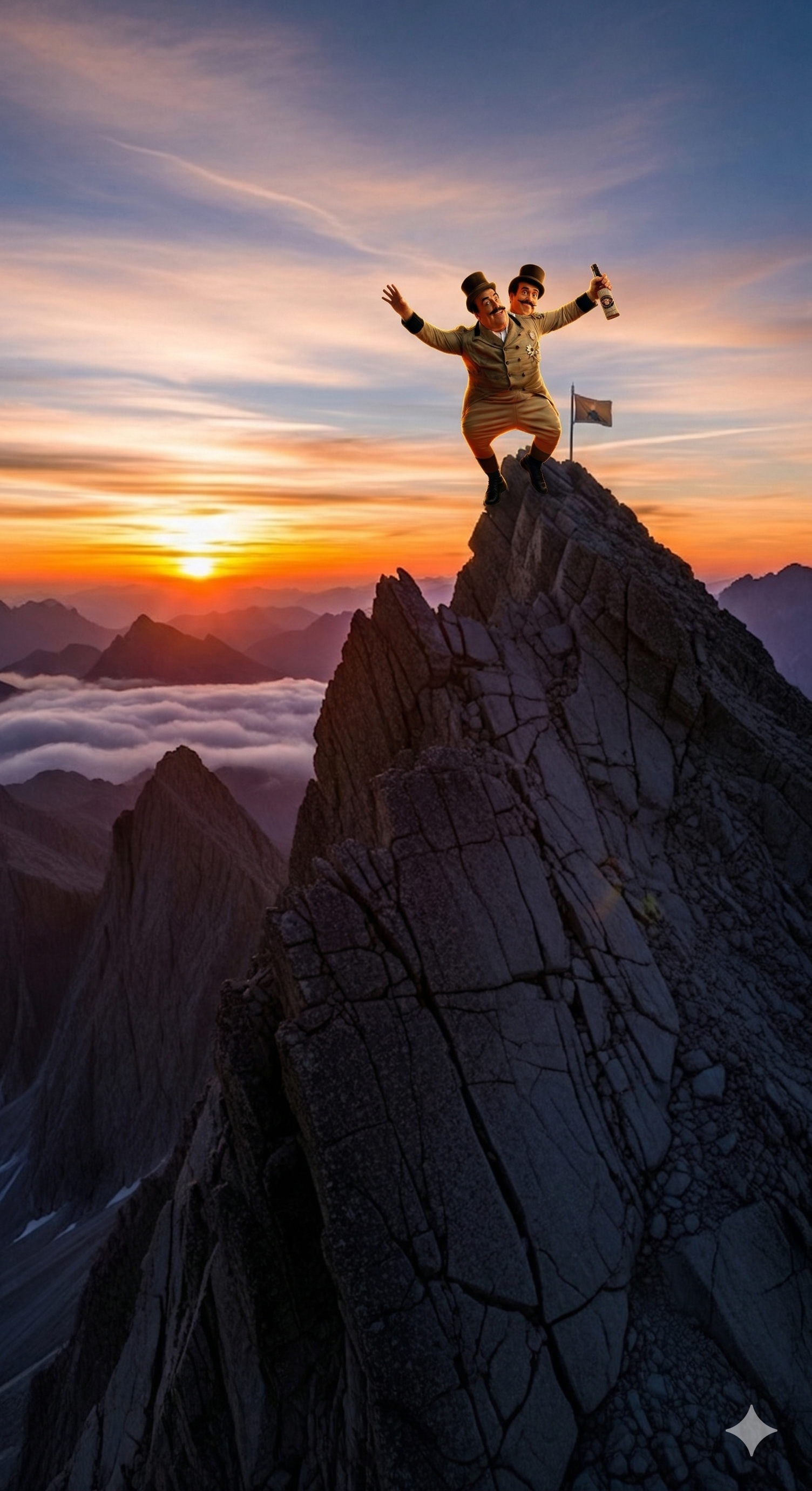 A person in hiking gear stands atop a jagged mountain peak at sunset, arms raised in celebration above a sea of clouds.