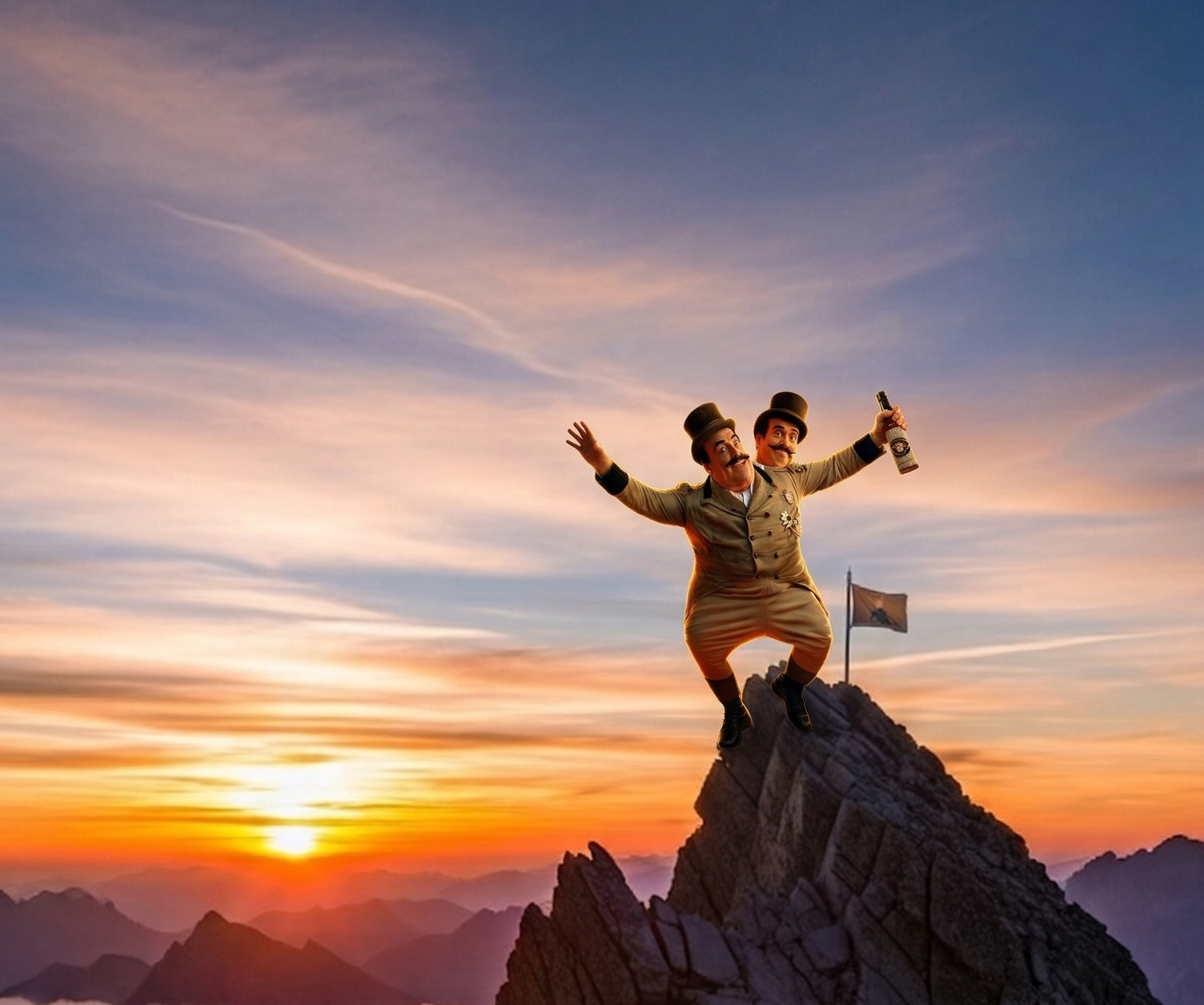 A two-headed man in a tan suit and top hat cheers while holding a bottle atop a rocky mountain peak at sunset.