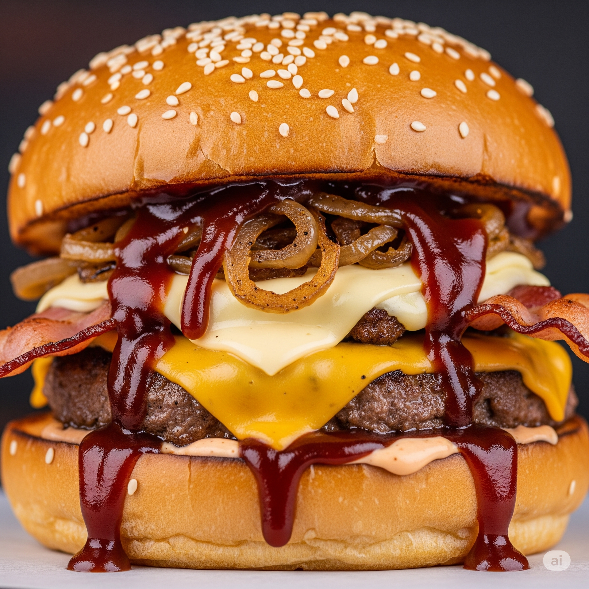 A hamburger with cheese , bacon , onions and barbecue sauce on a bun. A hamburger with cheese , bacon , onions and barbecue sauce on a bun.