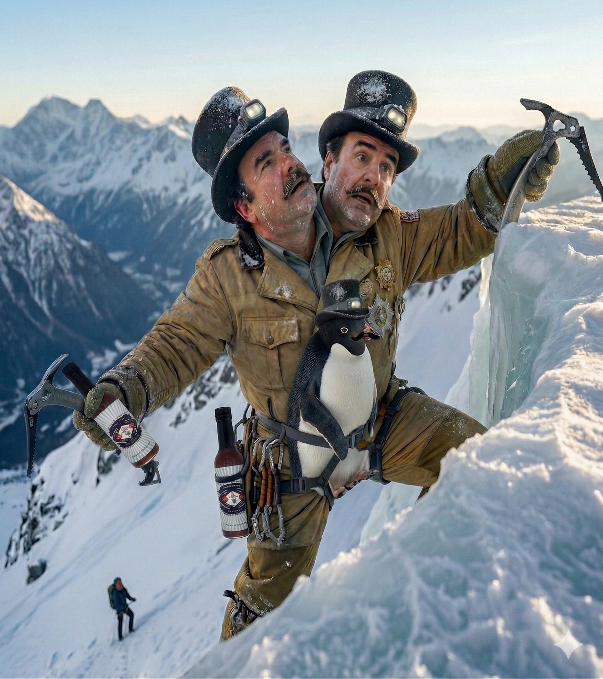A two-headed man in Victorian climbing gear and top hats ascends a snowy peak with a small penguin strapped to his chest.