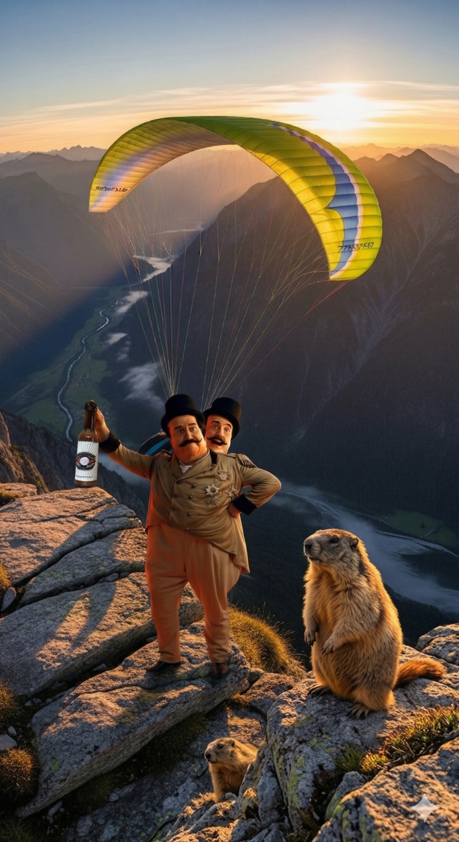 A man with a mustache in a top hat toasts with a beer on a rocky cliff beside a marmot under a yellow paraglider.