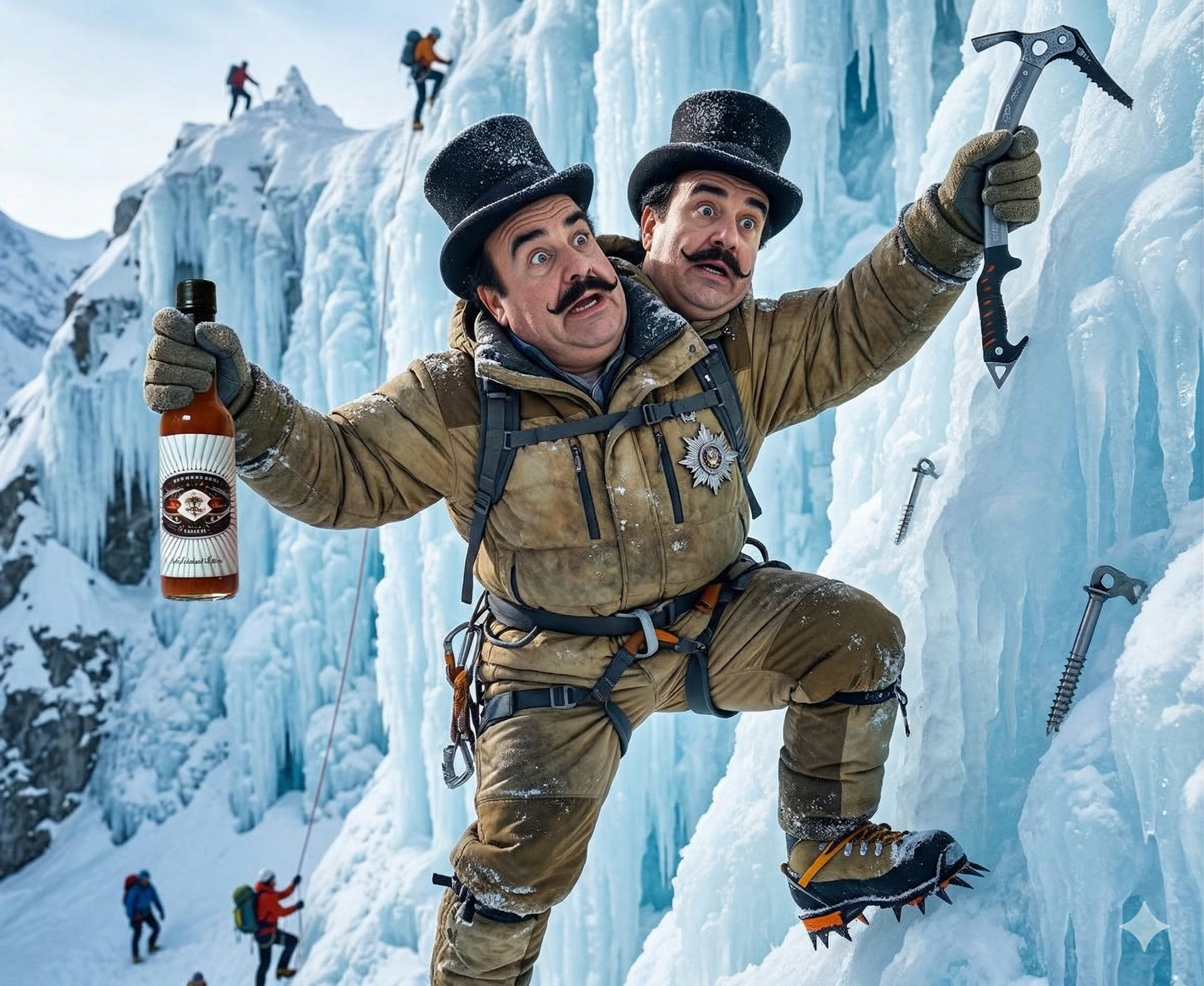 A two-headed man in top hats and climbing gear scales an icy cliff, holding a hot sauce bottle and an ice axe.