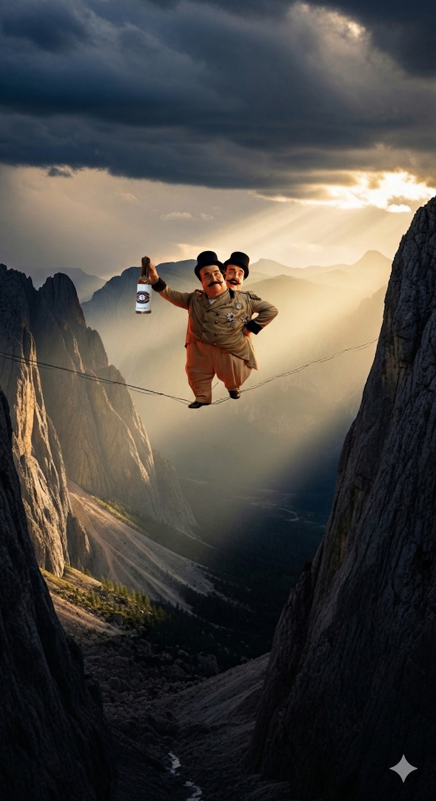 Two figures with hats balancing on a rope between mountain cliffs against a dramatic, sunlit, cloudy sky. Two figures with hats balancing on a rope between mountain cliffs against a dramatic, sunlit, cloudy sky.