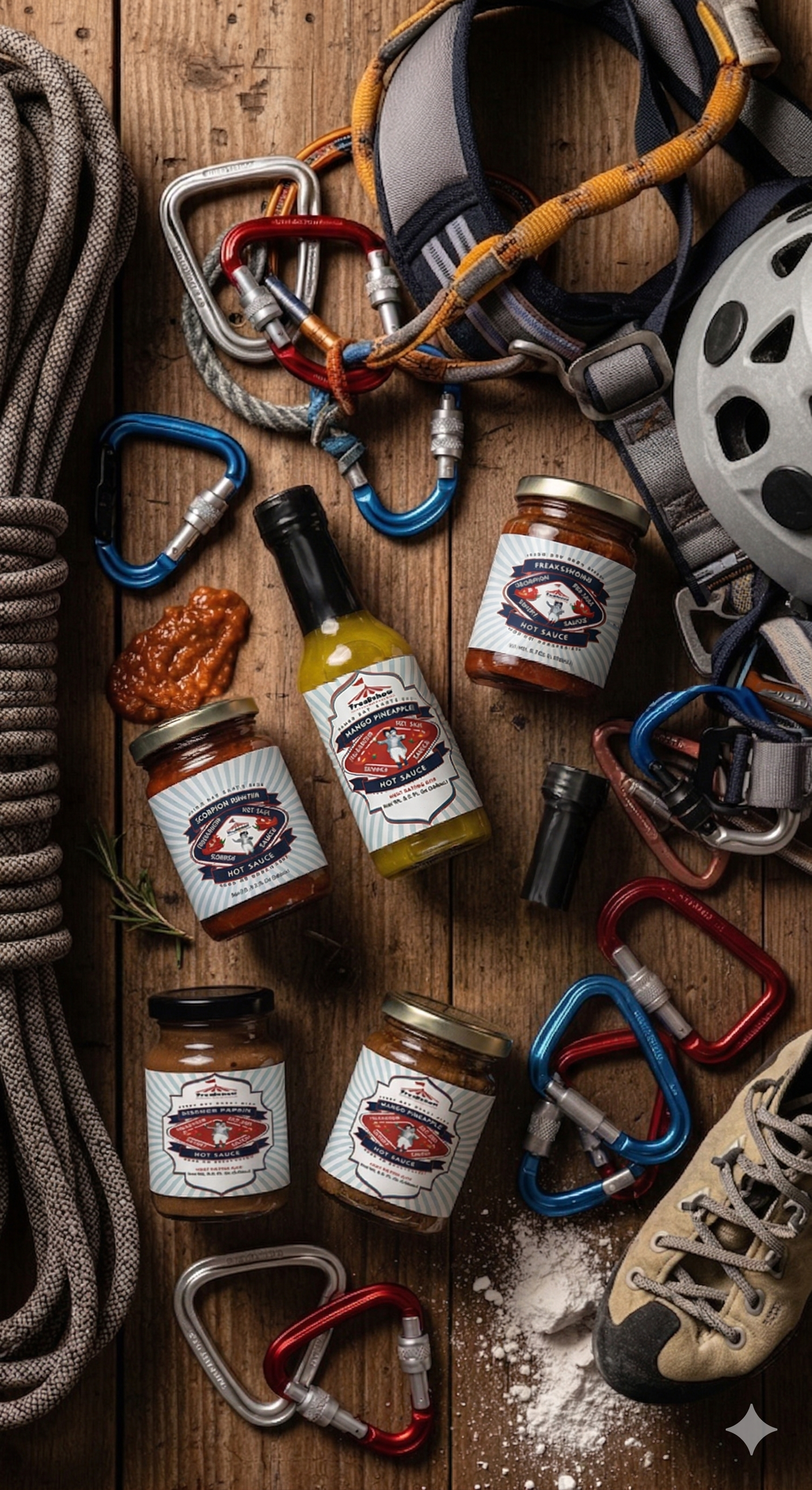 Jars and a bottle of artisan sauces arranged on a rustic wooden table surrounded by climbing gear, rope, and a helmet.