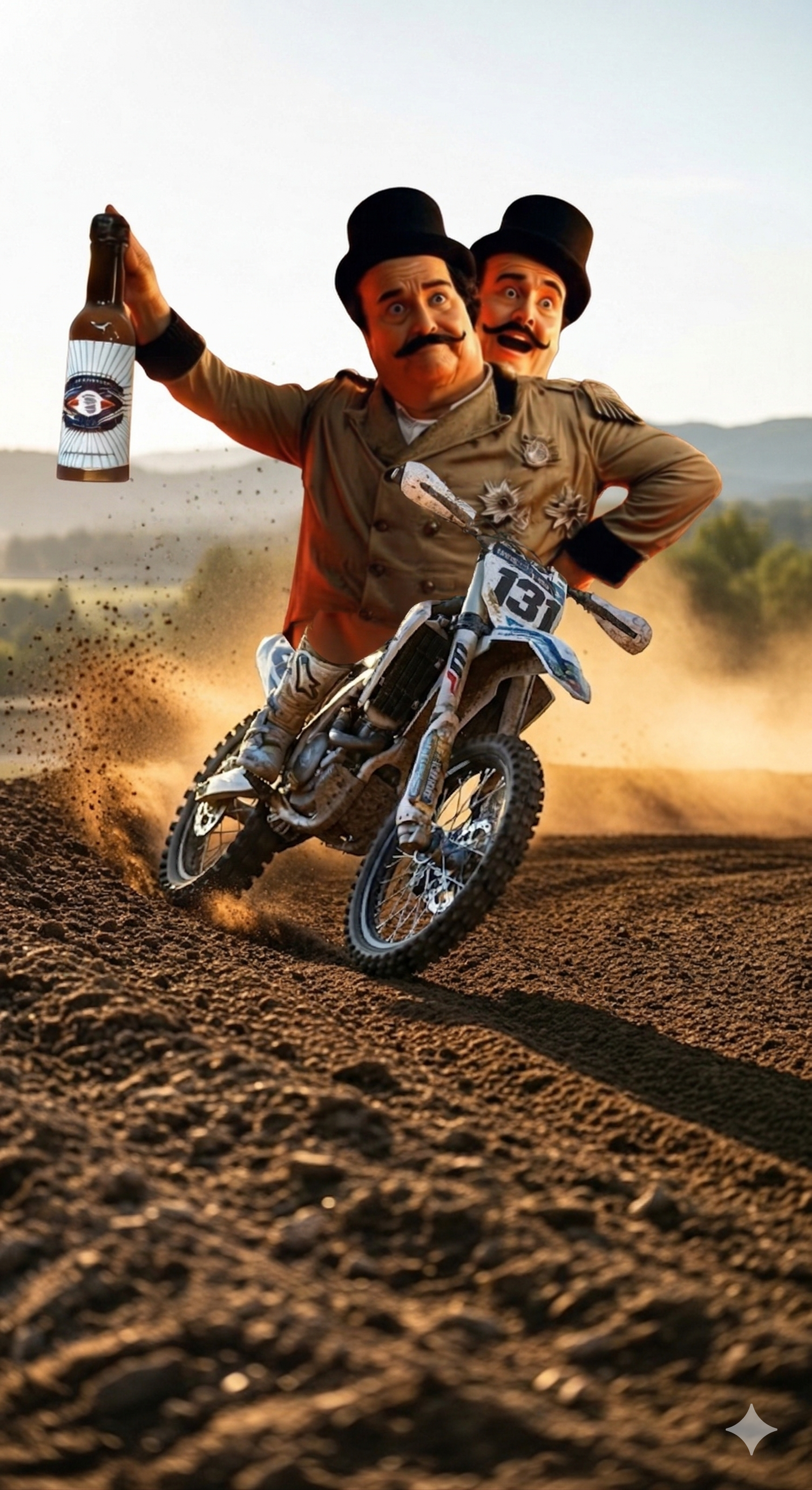 Two men in top hats and brown coats ride a motocross bike through dirt, one holding a bottle aloft in a dusty, outdoor field. Two men in top hats and brown coats ride a motocross bike through dirt, one holding a bottle aloft in a dusty, outdoor field.