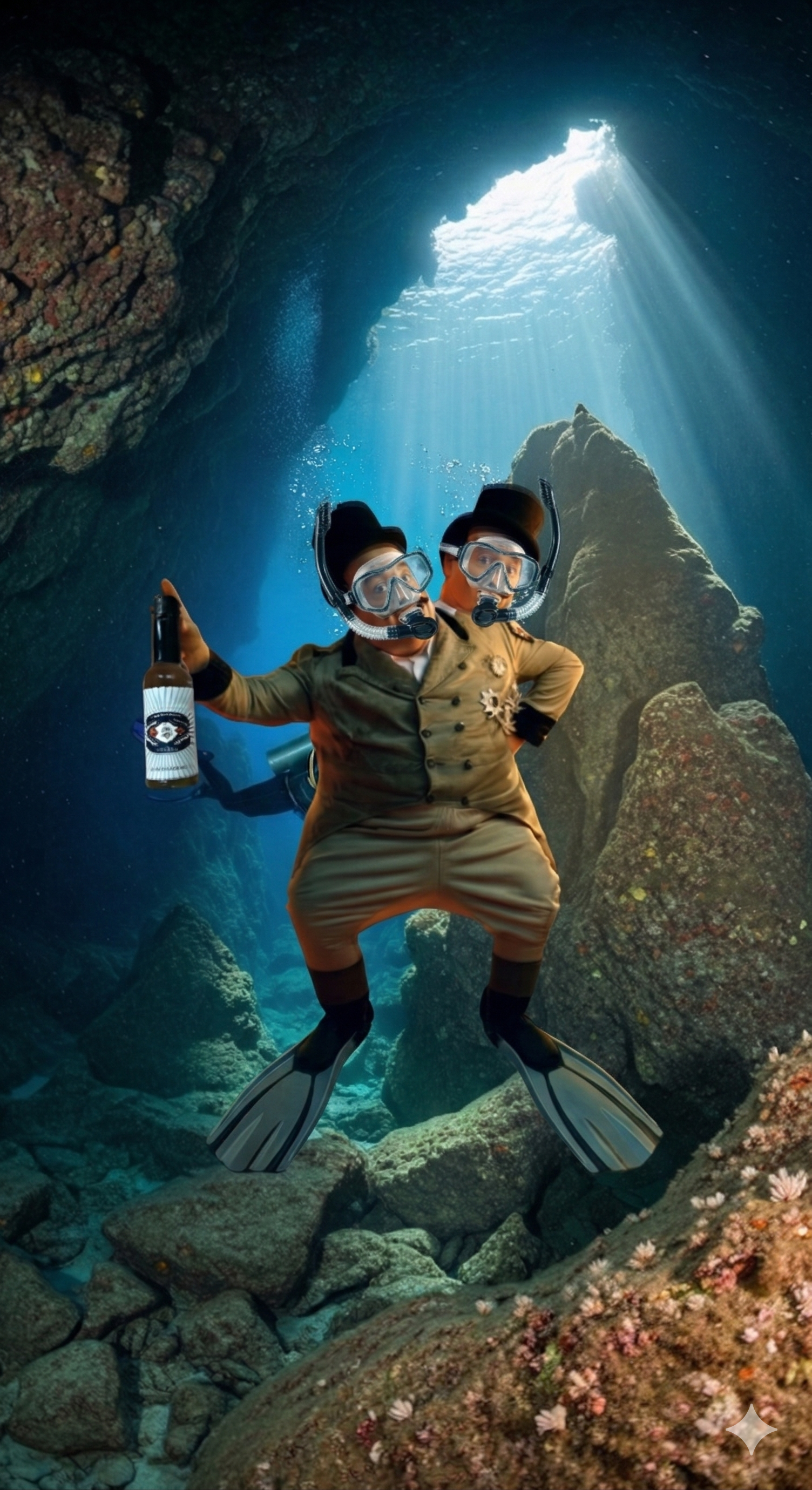 Two-headed figure in a vintage diving suit and top hats underwater, holding a bottle in a rocky, sunlit sea cave.