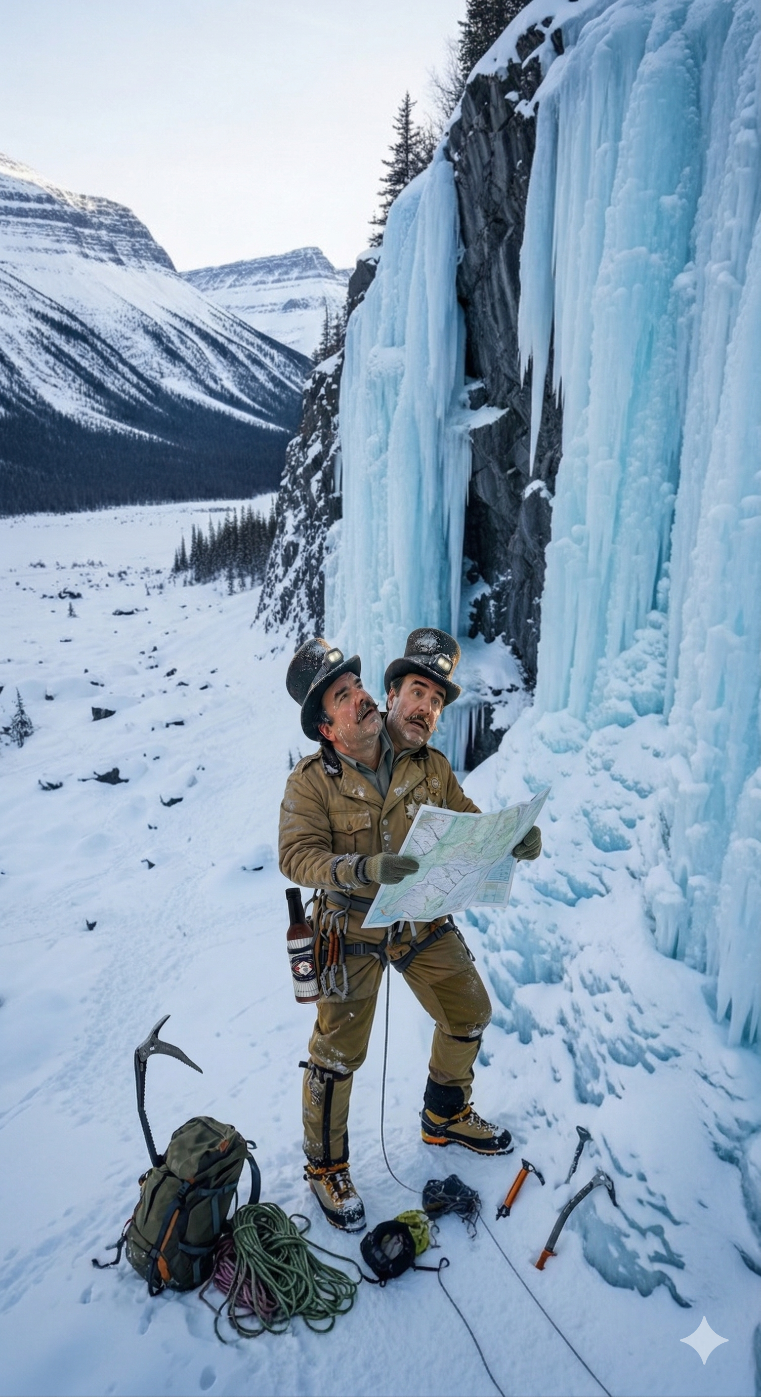 A two-headed climber in tan gear examines a map before a large, blue frozen waterfall in a snowy mountain landscape.