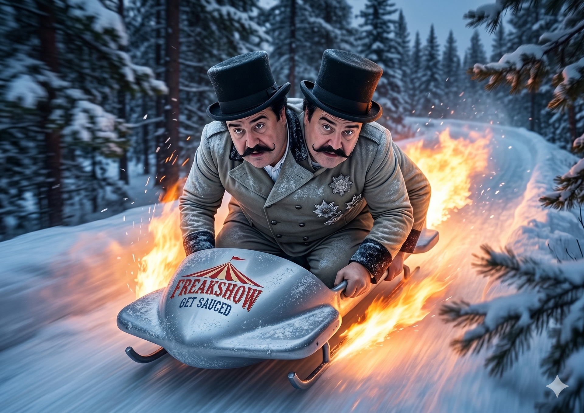 Two identical men in top hats racing a flaming sled through a snowy forest at dusk