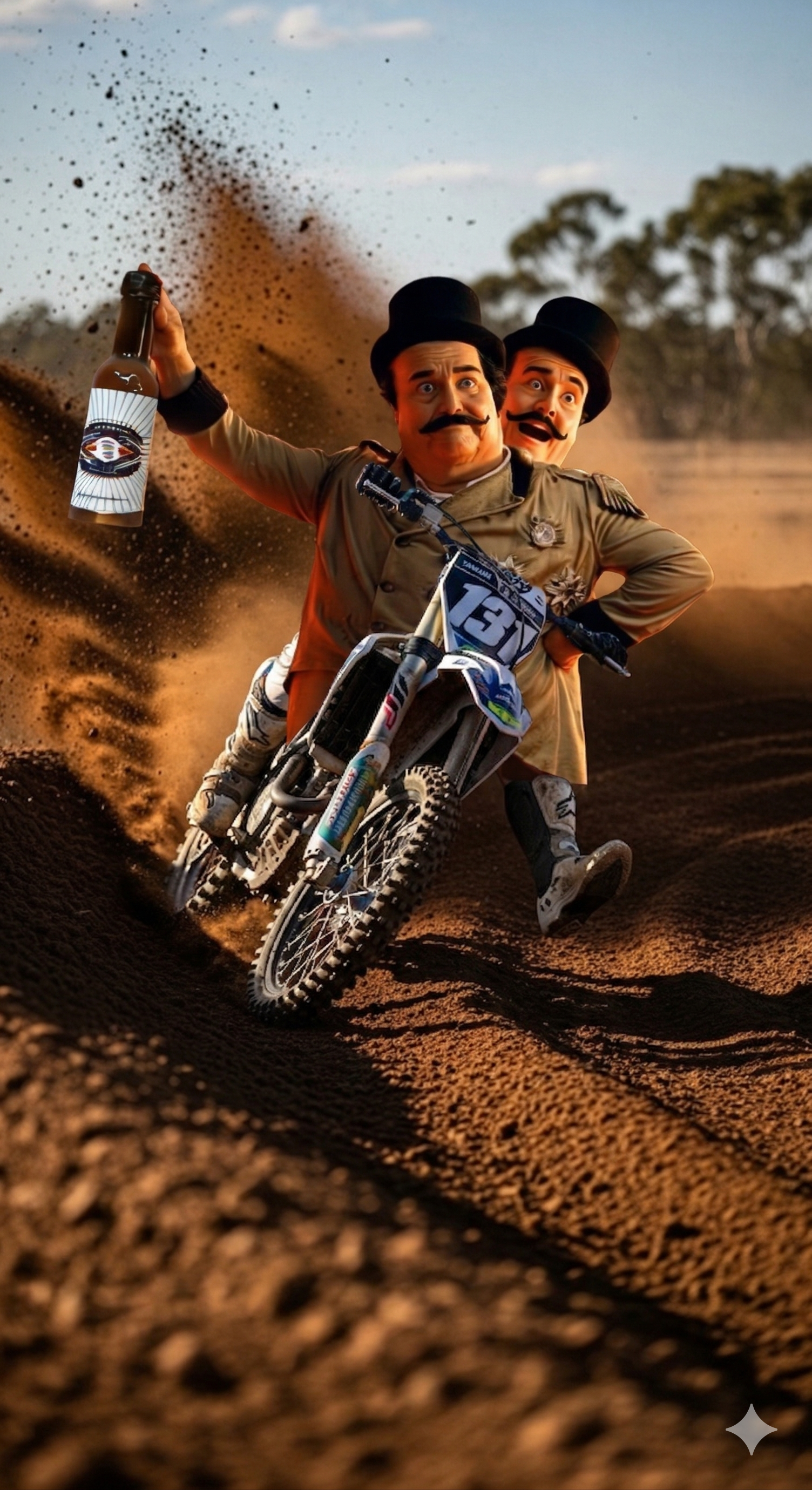 Two men in top hats and brown coats ride a motocross bike on a dirt track, with one holding a bottle.