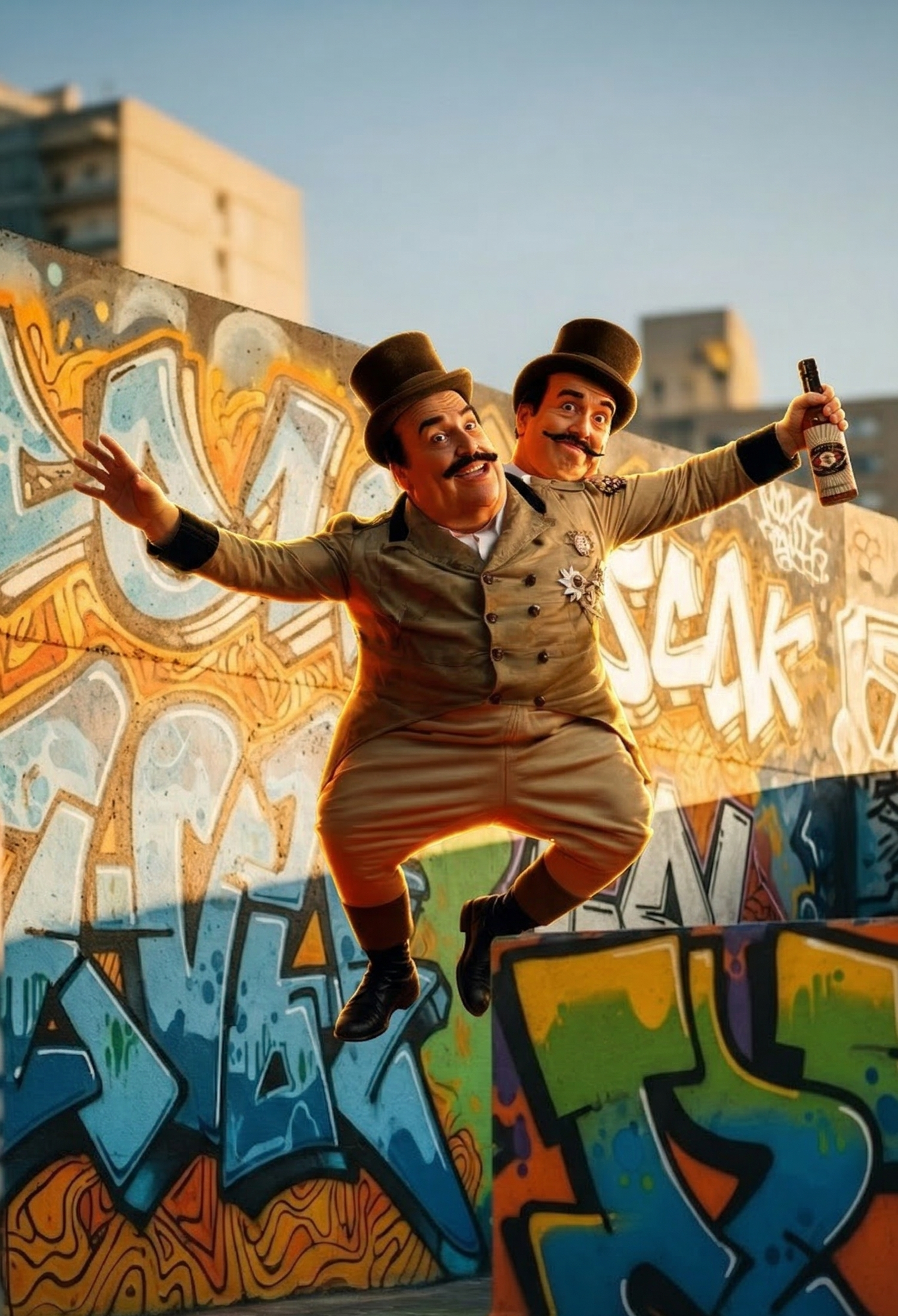 Two men dressed in Victorian-style suits and top hats jump in unison before a graffiti-covered wall at sunset.