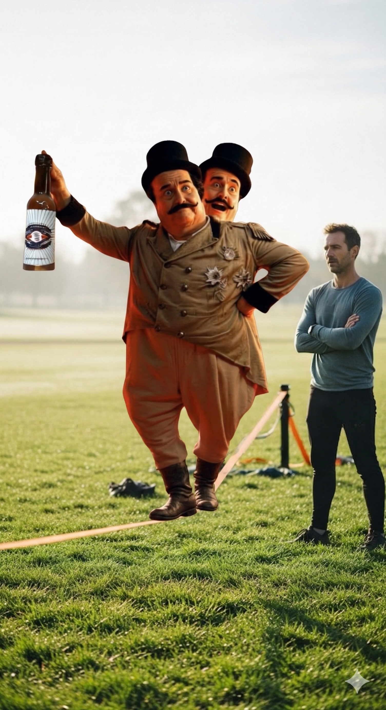 A two-headed man in a vintage uniform walks a tightrope, holding a bottle, while a person stands nearby on the grass. A two-headed man in a vintage uniform walks a tightrope, holding a bottle, while a person stands nearby on the grass.