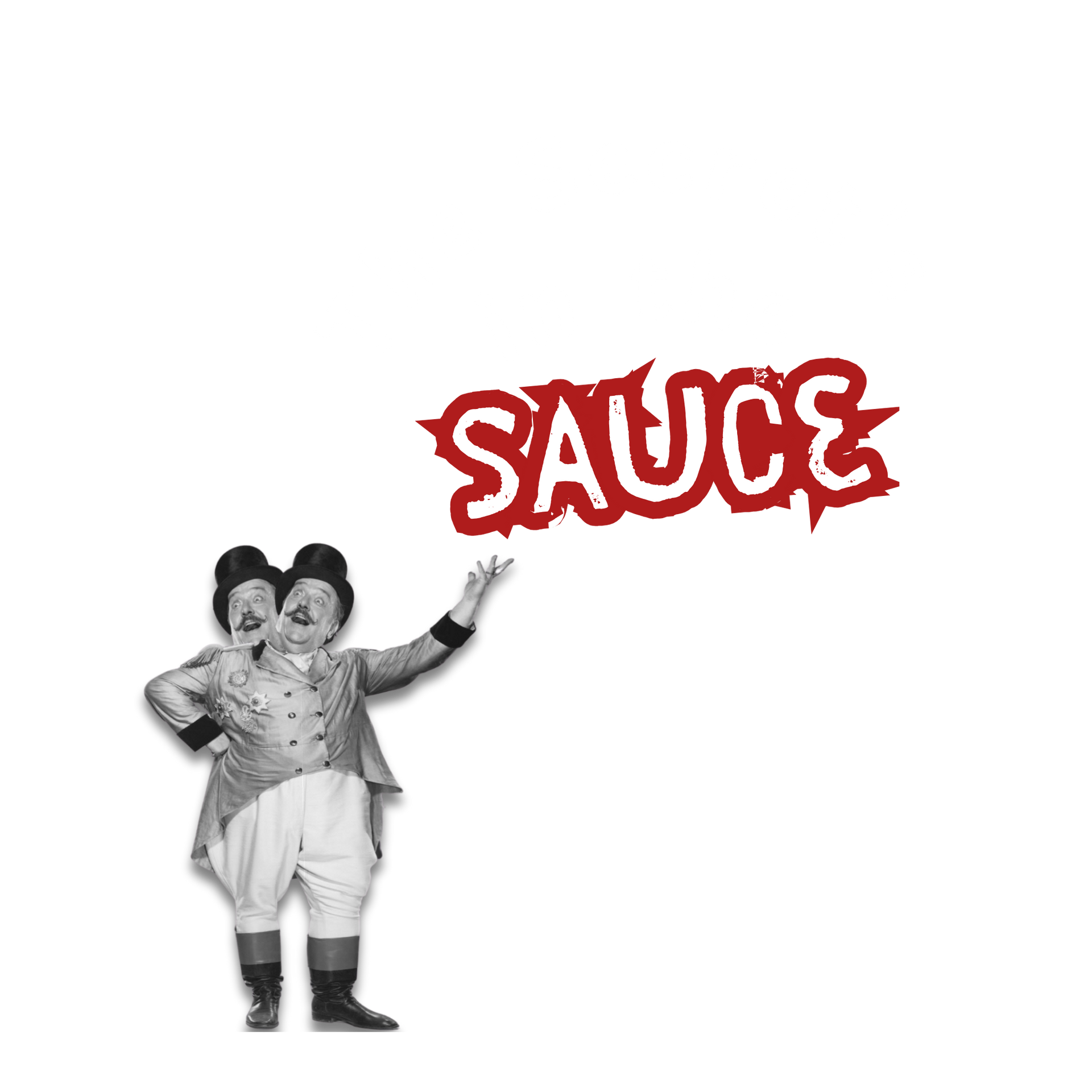 A black and white photo of two children with the word sauce above them.