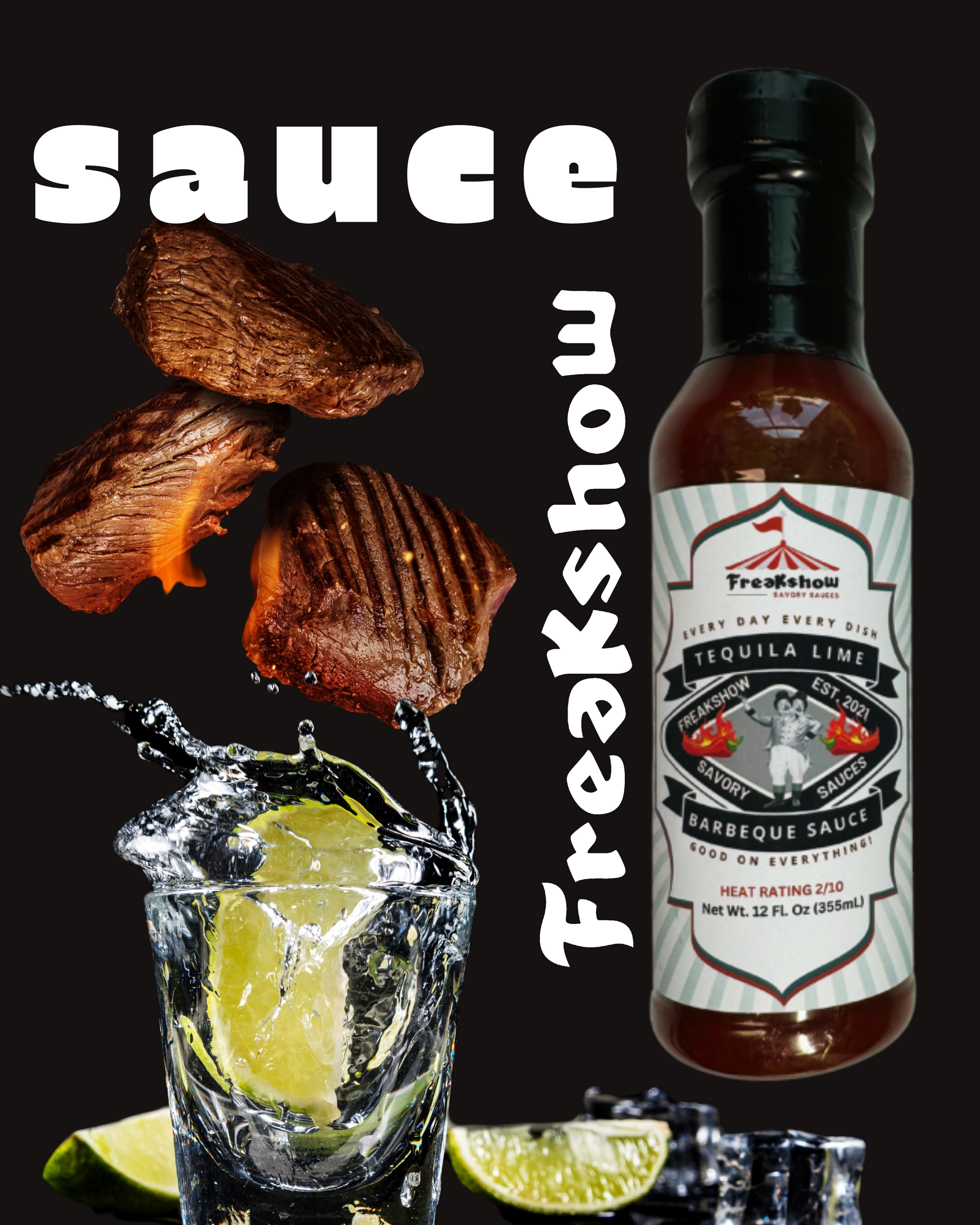 A bottle of sauce next to a glass of water