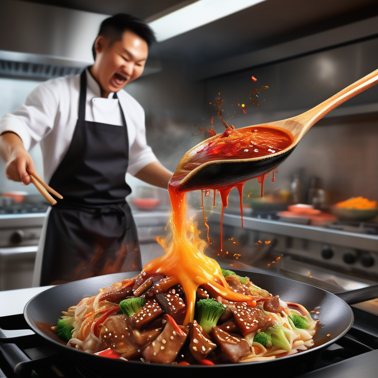 A chef is pouring Freakshow Savory Asian Teriyaki sauce into a pan of food