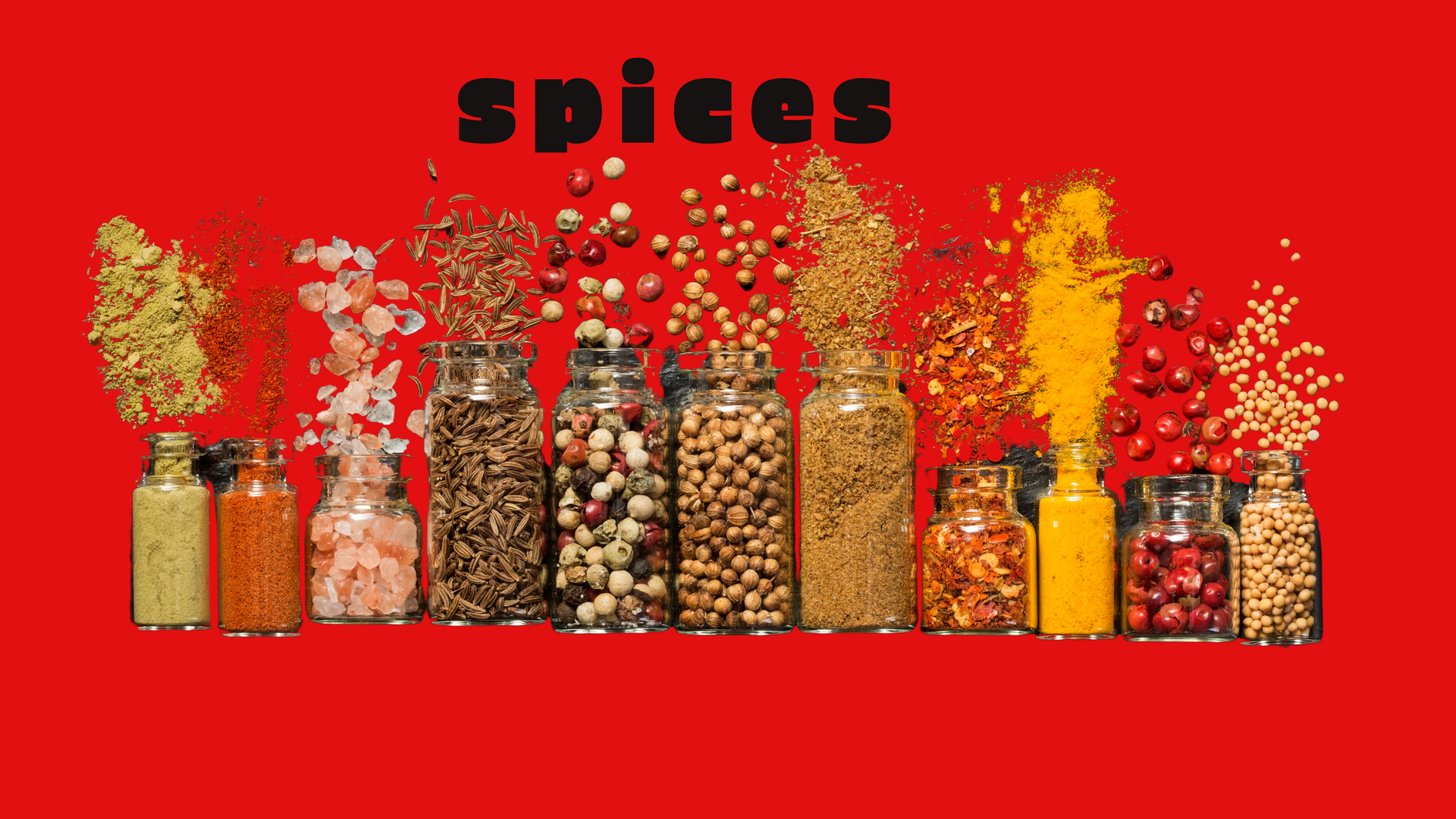 A row of jars filled with different types of spices on a red background.