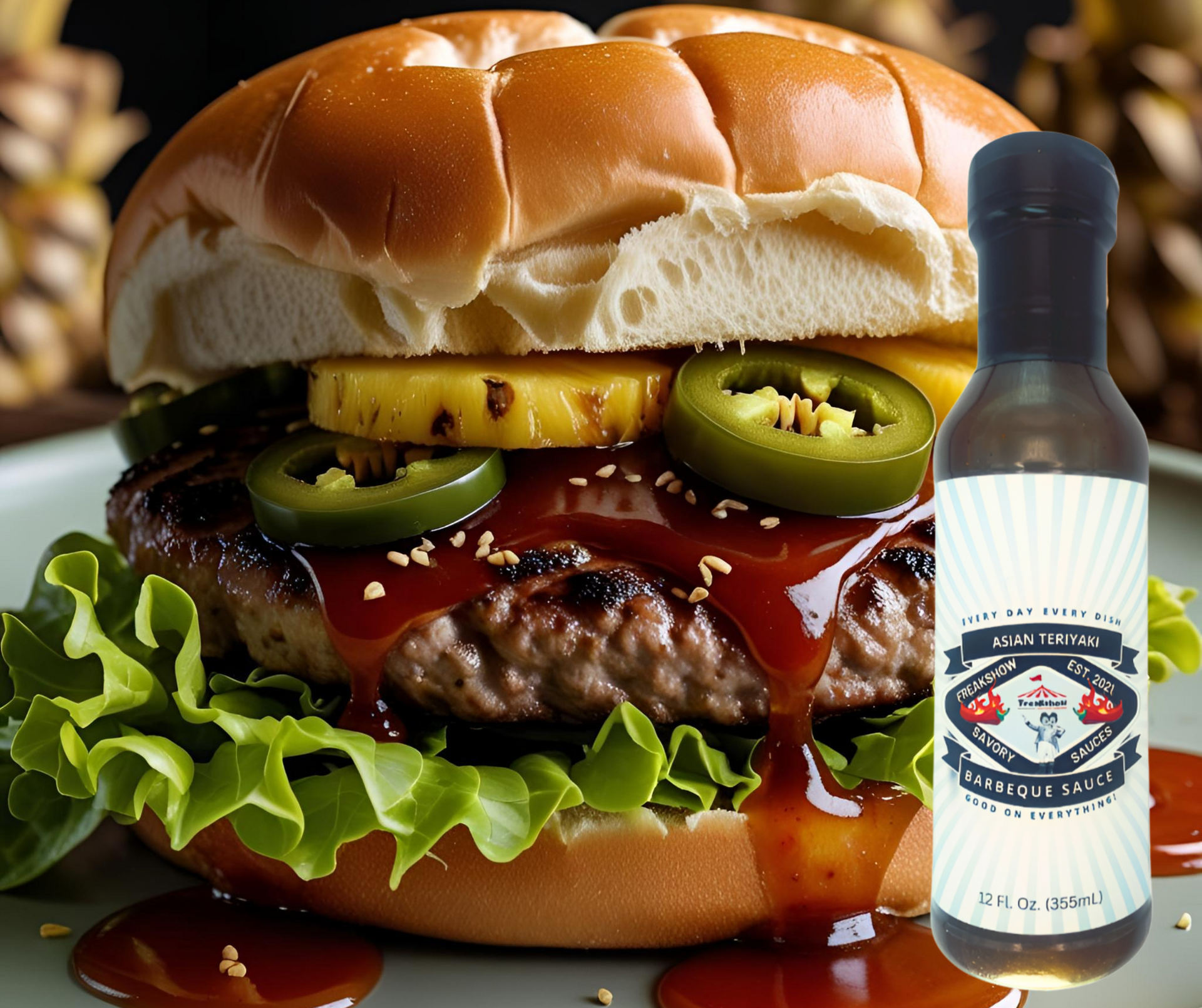 A hamburger with a bottle of sauce next to it A hamburger with a bottle of sauce next to it