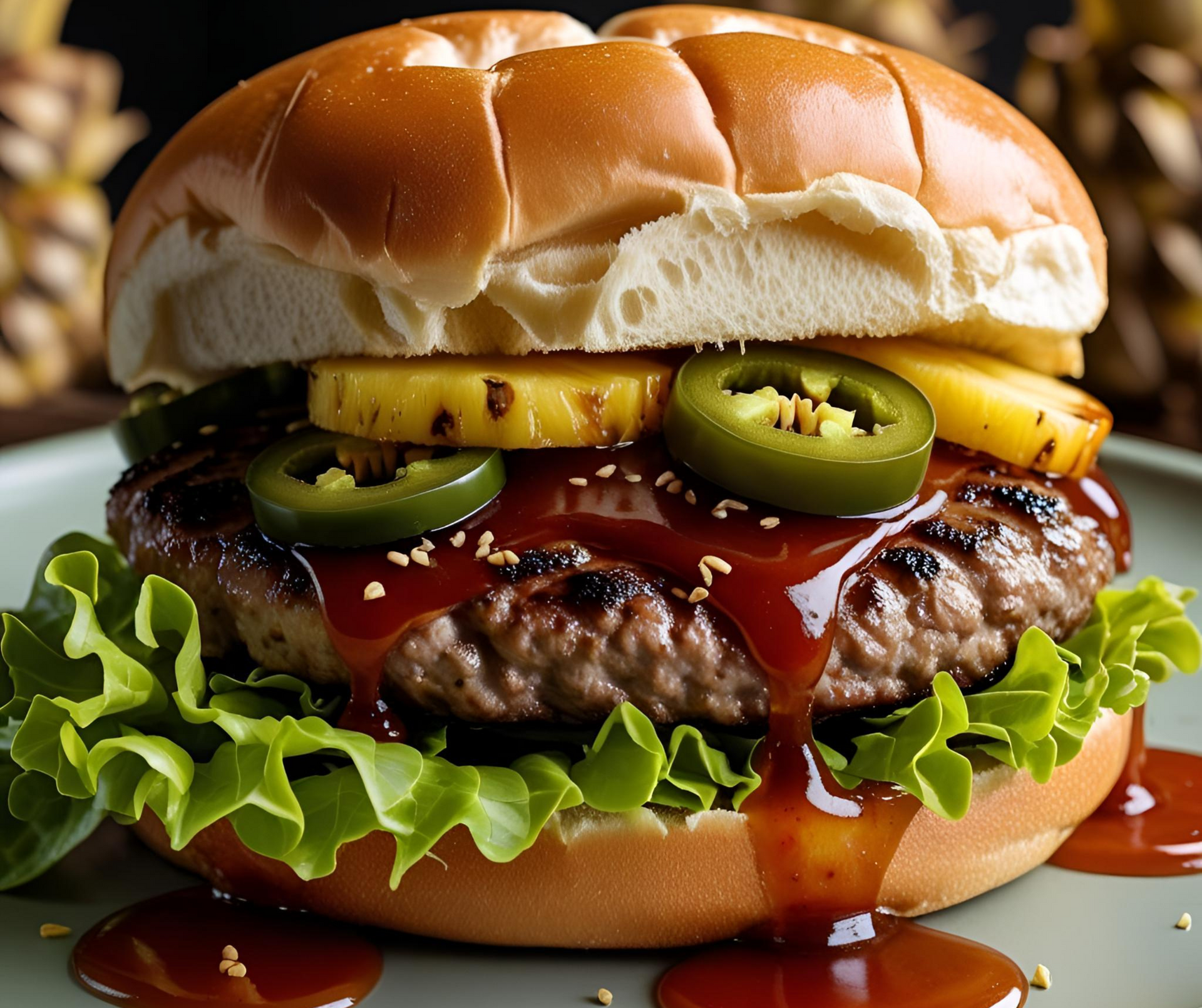 A hamburger with pineapple and jalapenos on a plate A hamburger with pineapple and jalapenos on a plate