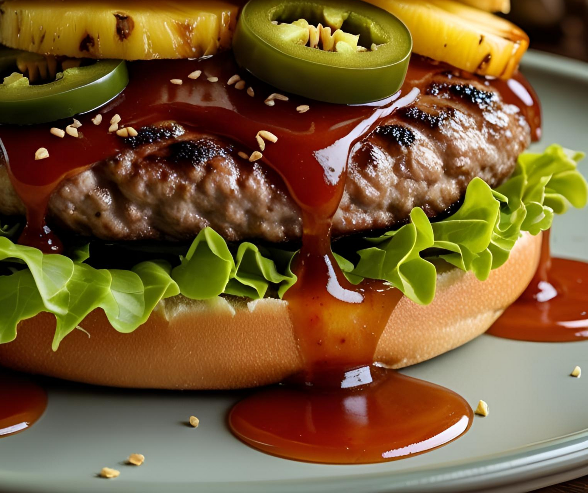 A close up of a hamburger with pineapple and jalapenos on a plate A close up of a hamburger with pineapple and jalapenos on a plate