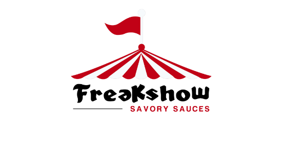 A red and white logo for freakshow savory sauces