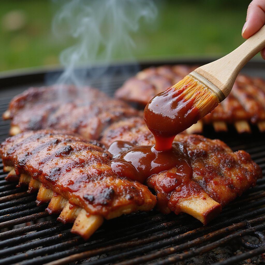 Ribs on a grill being brushed with barbecue sauce, smoke rising, outdoors.