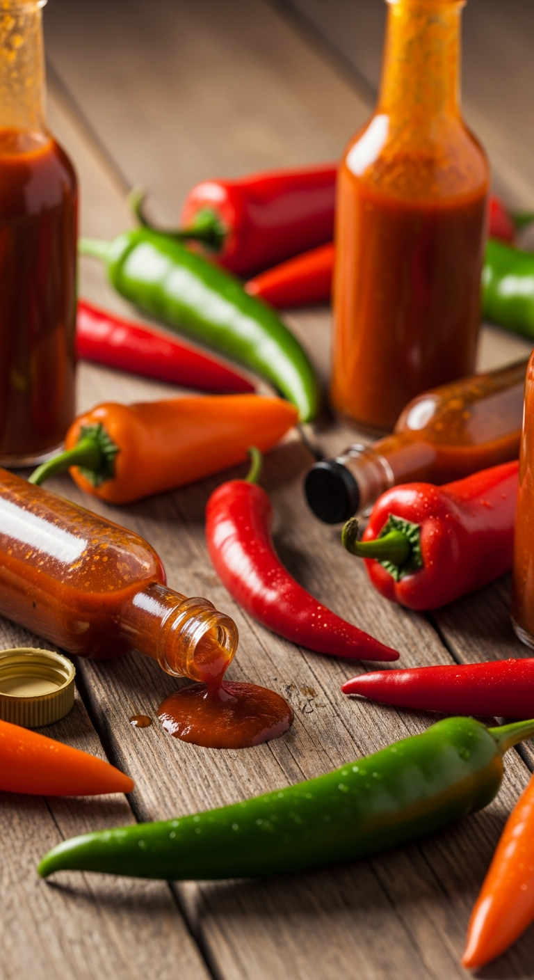 Hot sauce bottles and chili peppers scattered on a wooden surface.