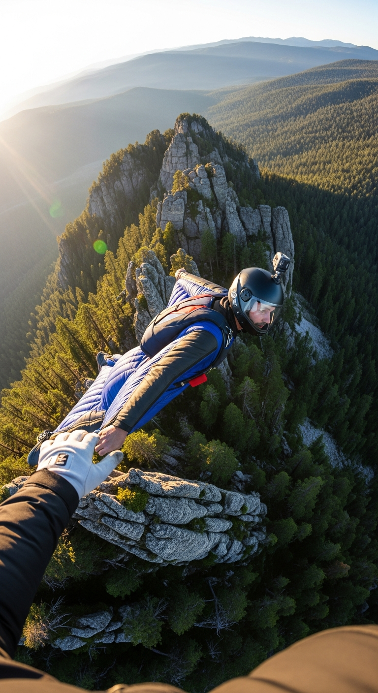 A person in a wingsuit glides over a mountain ridge at sunset, viewed from the perspective of someone holding their hand.