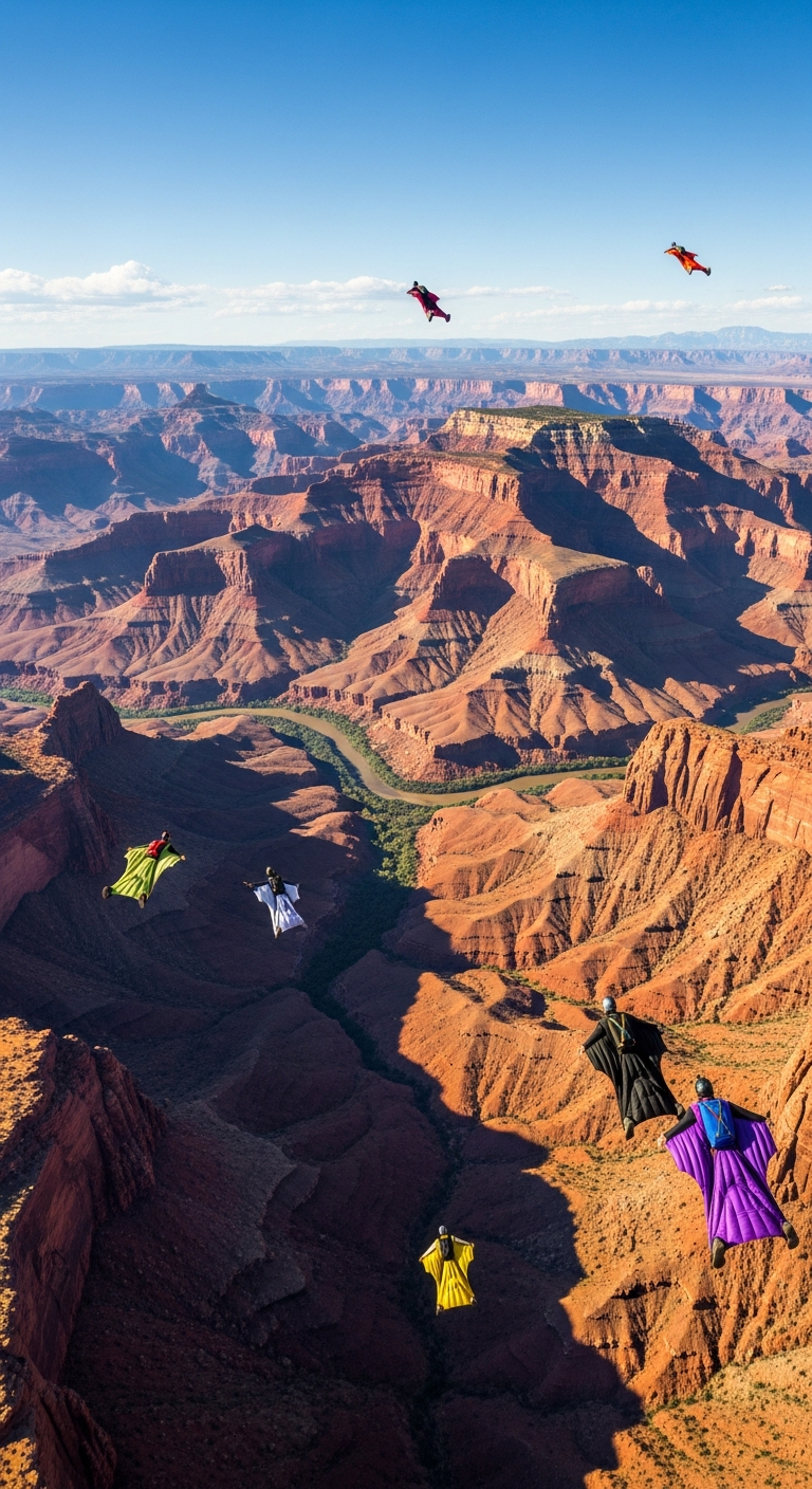 Several wingsuit flyers glide over the vast, rugged red rock landscape of the Grand Canyon under a clear blue sky.