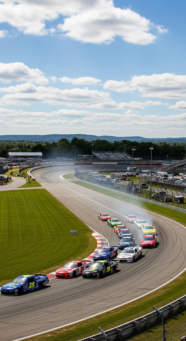 A pack of race cars drives around a curved track on a sunny day, with some smoke visible near the center of the group.