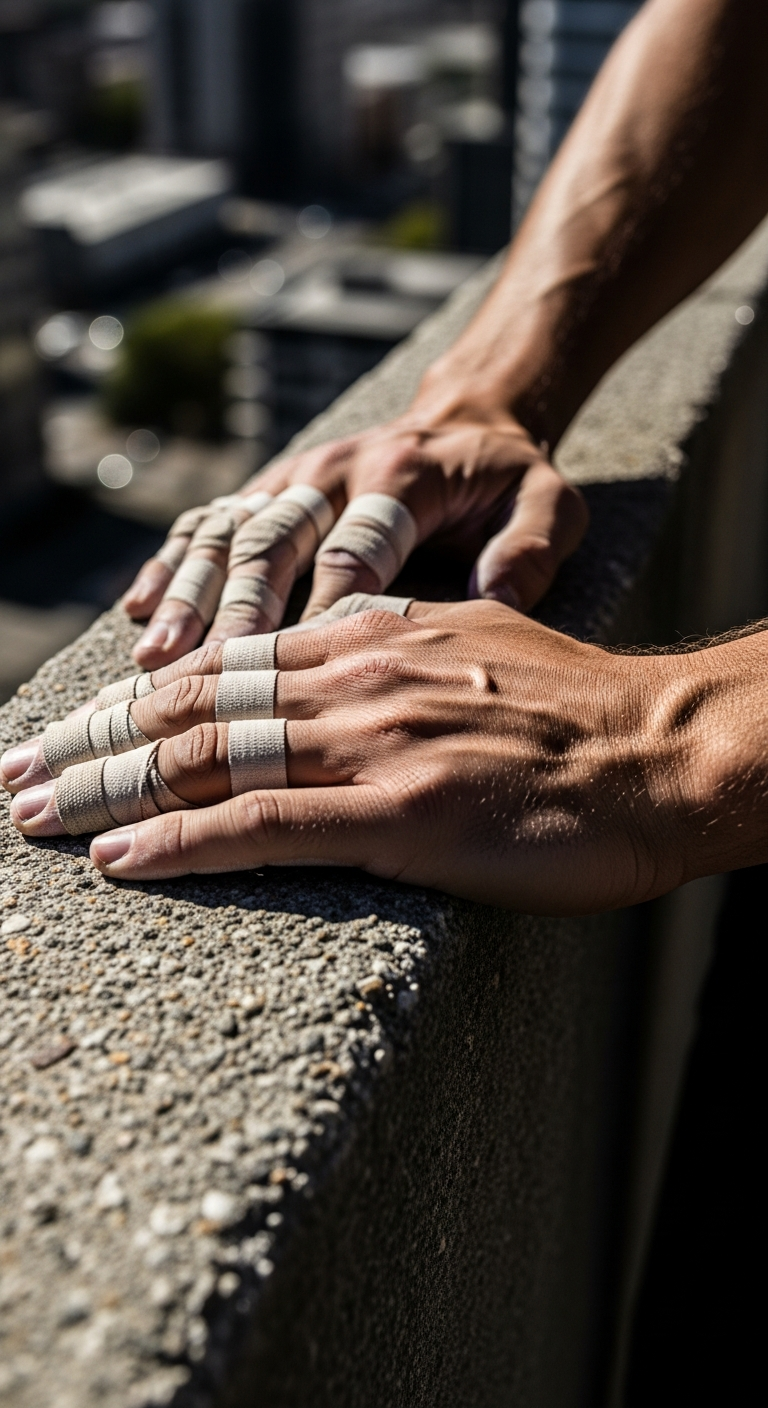 Two hands with taped fingers resting on a stone ledge, overlooking a city skyline.