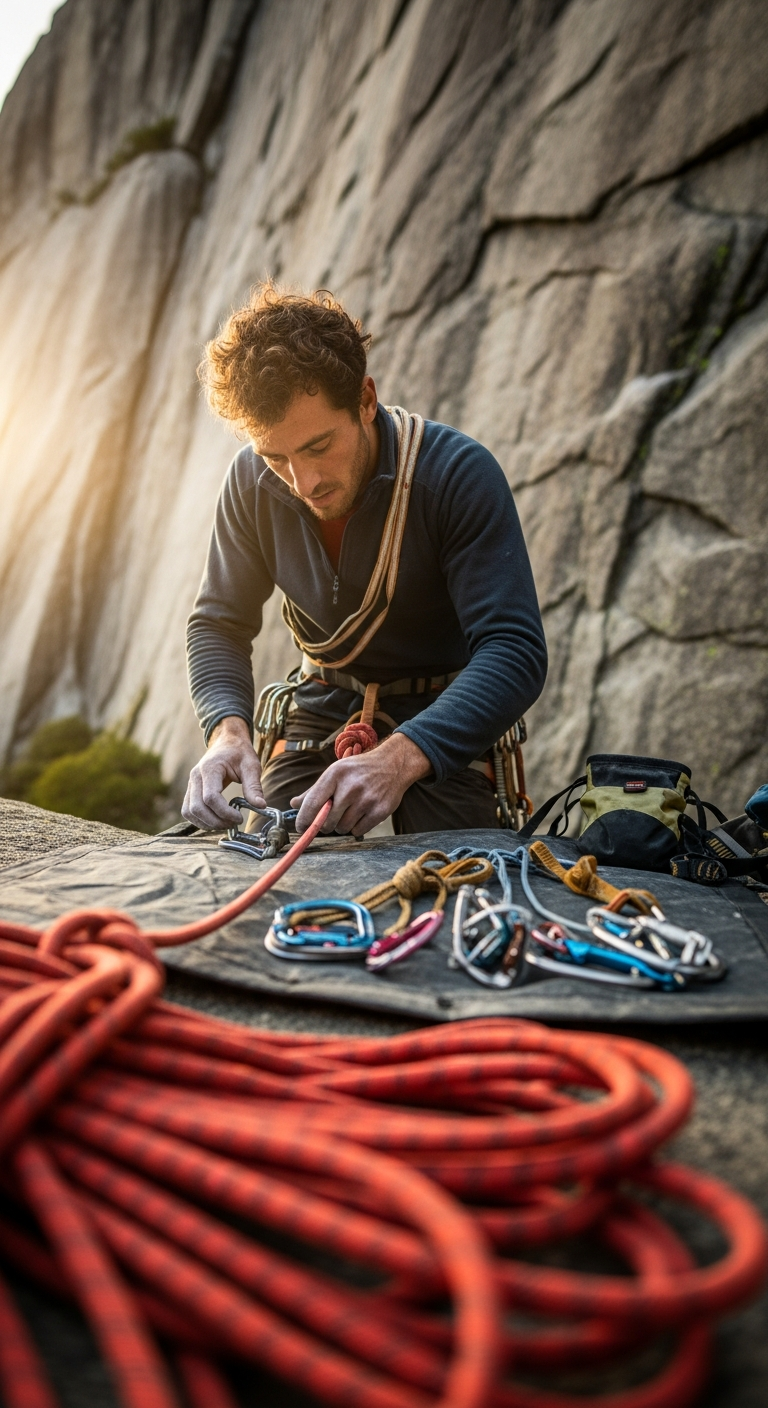 A climber prepares equipment and ropes at the base of a textured granite rock face during the day.