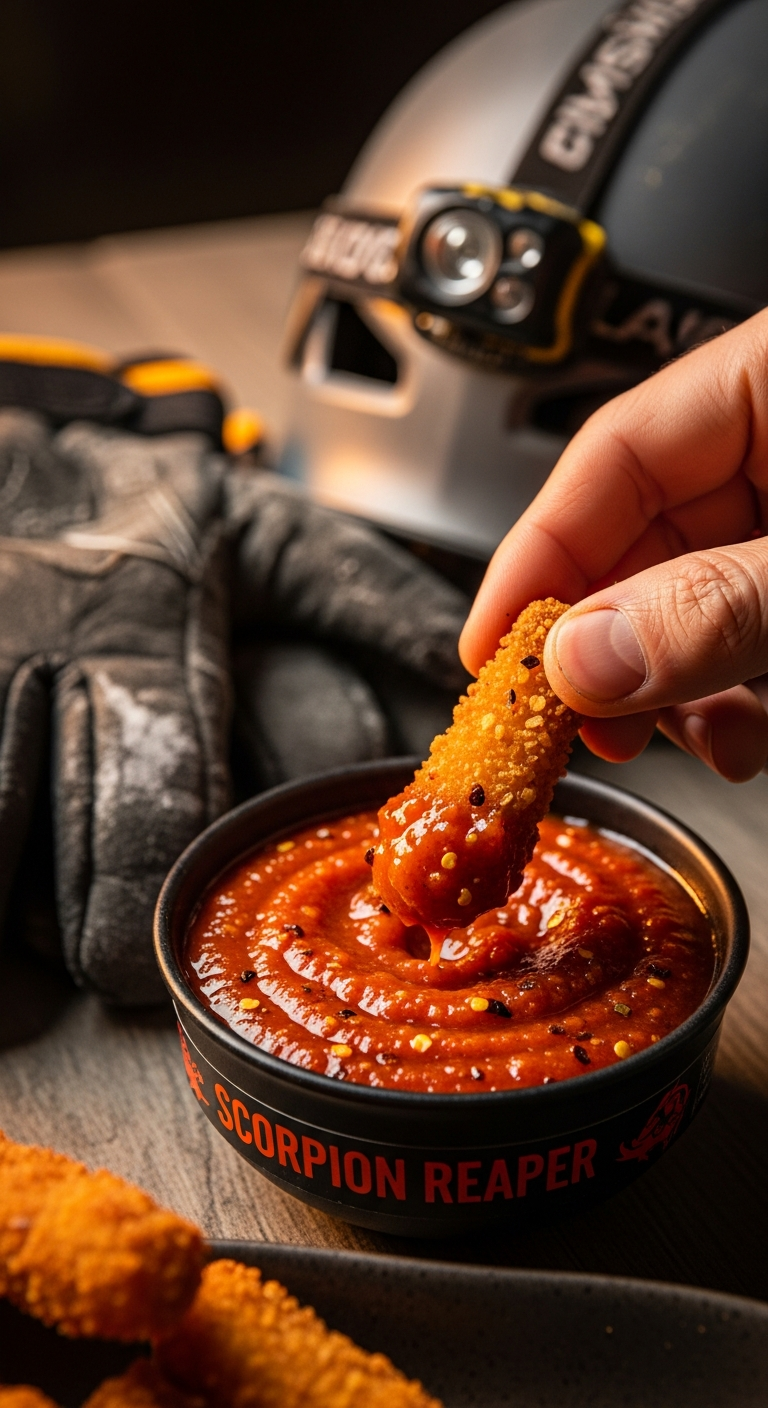 A hand dips a crispy breaded appetizer into a small bowl labeled 