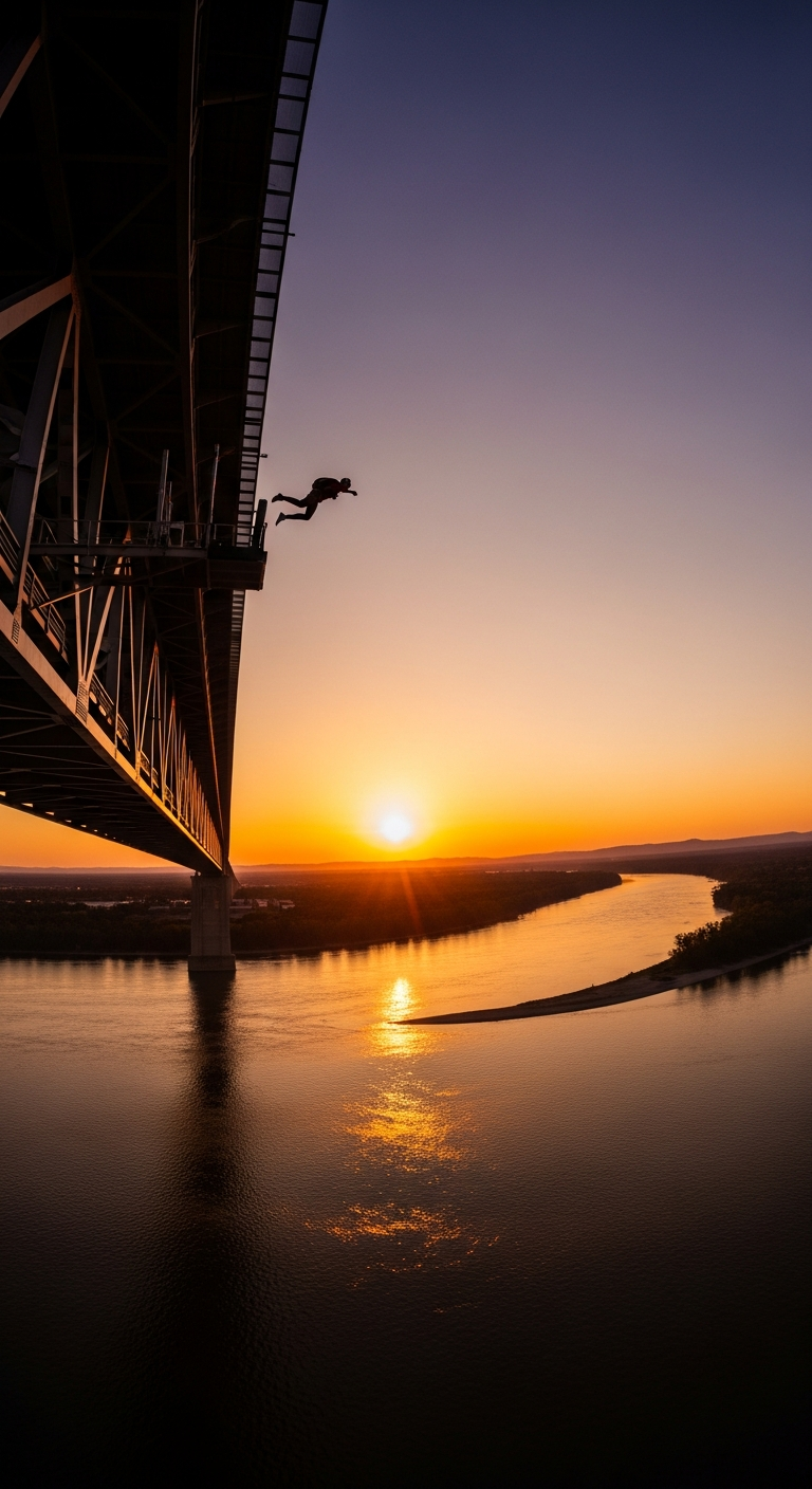 A silhouette of a person jumping from a large bridge toward a river during a golden sunset.