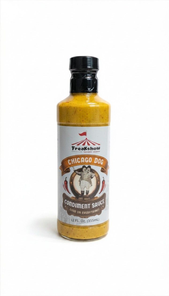 Freakshow Savory Sauces Chicago Hot Dog Sauce with mascot Bob Clarence