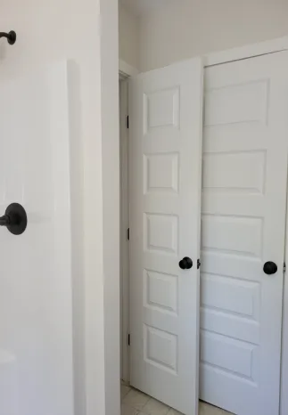 White doors with black knobs in a light-filled room, one open, revealing a doorway, and a shower fixture to the left.