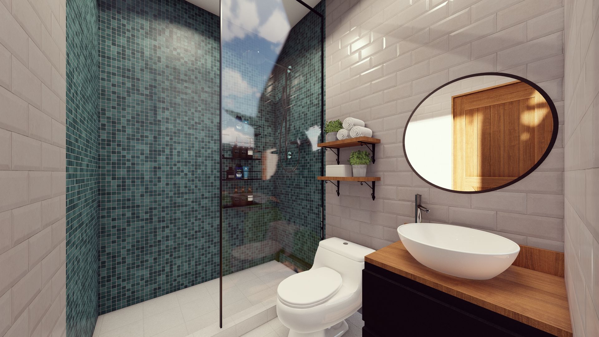 A bathroom with a toilet , sink and shower.