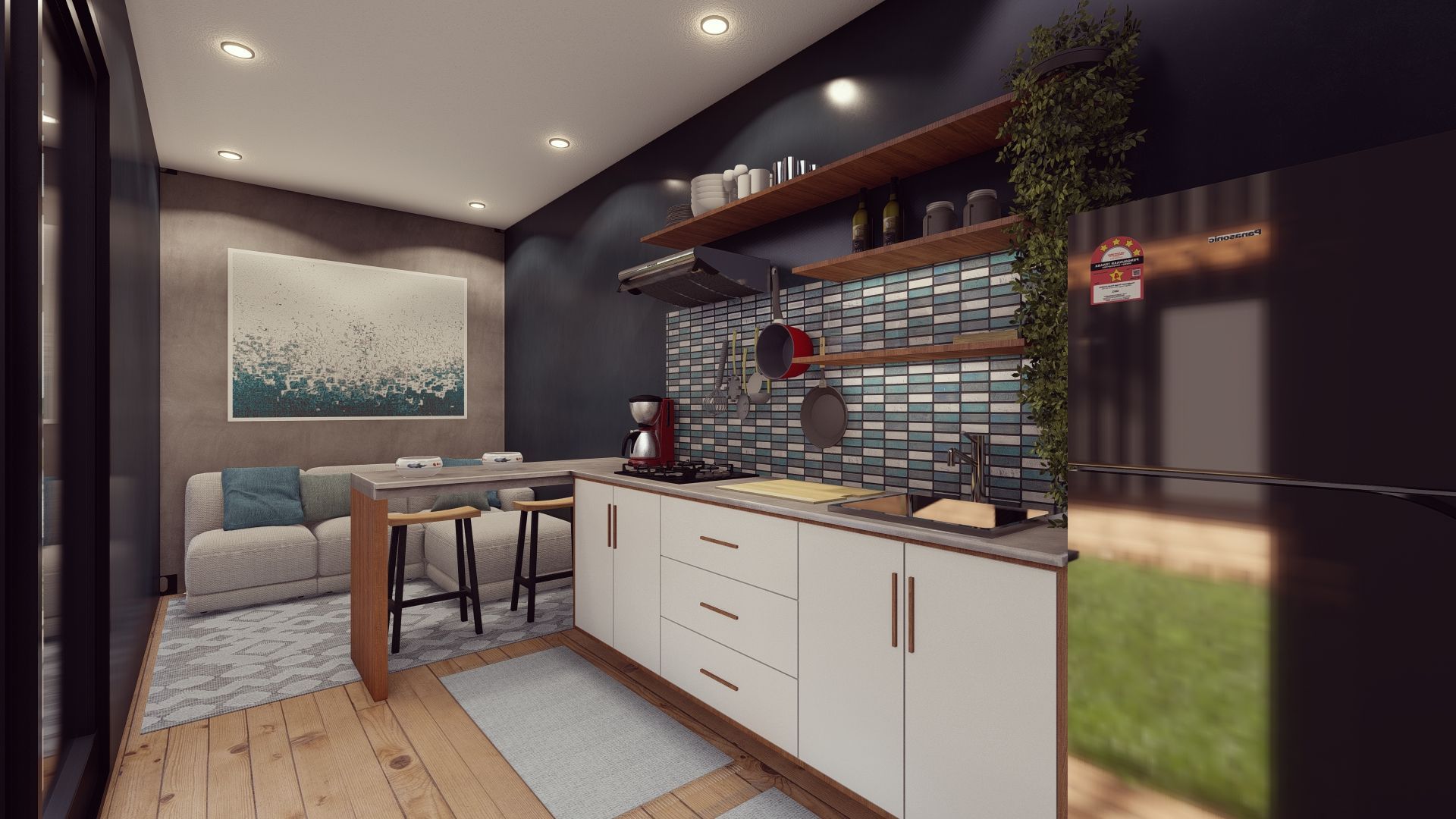 An artist 's impression of a kitchen and dining room in a house.