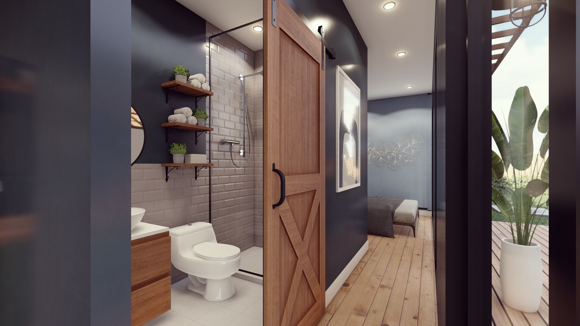 An artist 's impression of a bathroom with a sliding barn door.