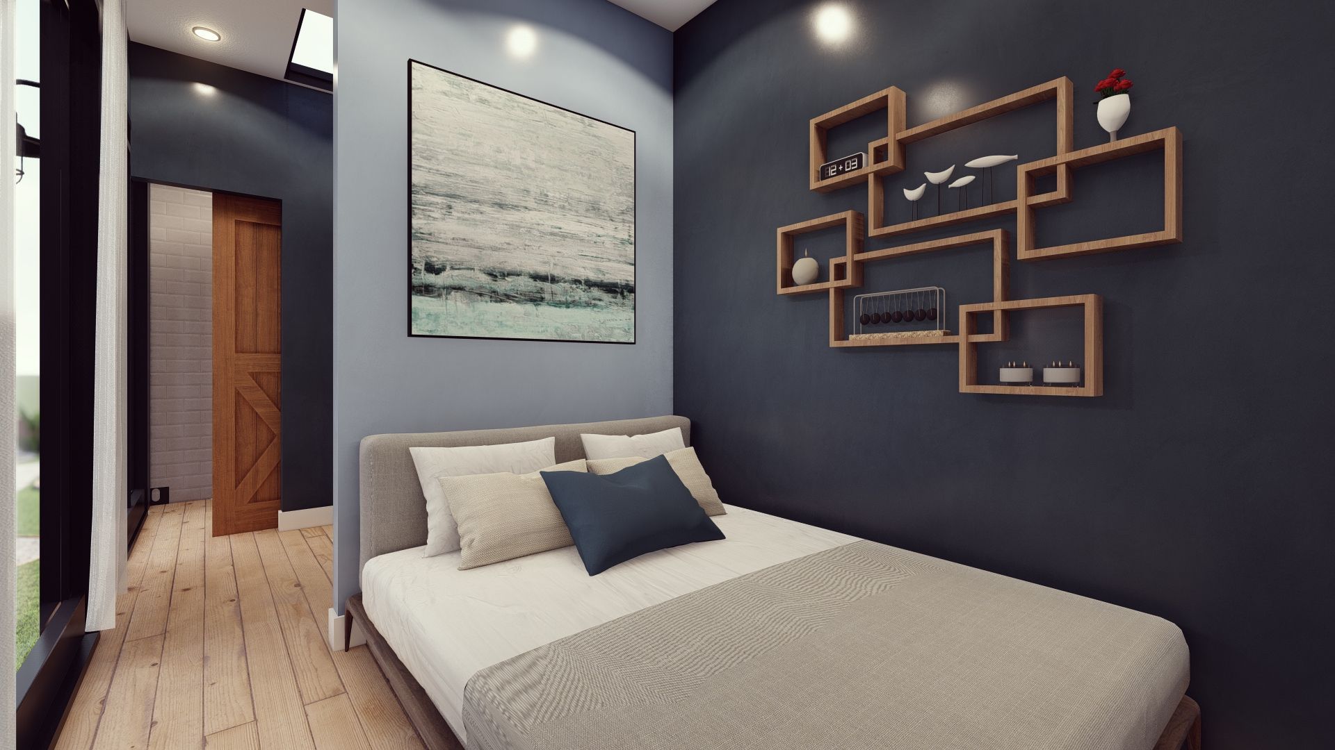 A bedroom with a bed and a painting on the wall.