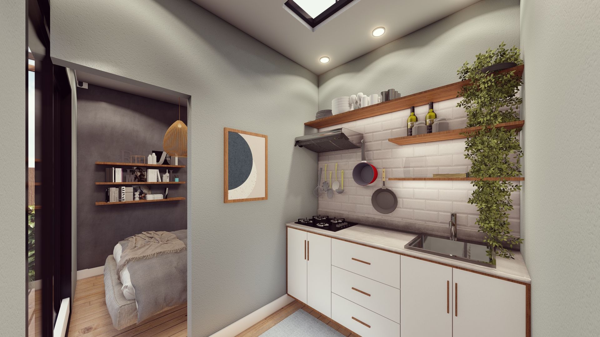 An artist 's impression of a kitchen with a sink , stove , and shelves.
