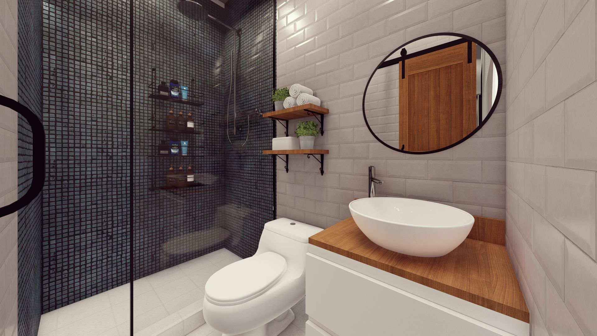 A bathroom with a toilet , sink , shower and mirror.