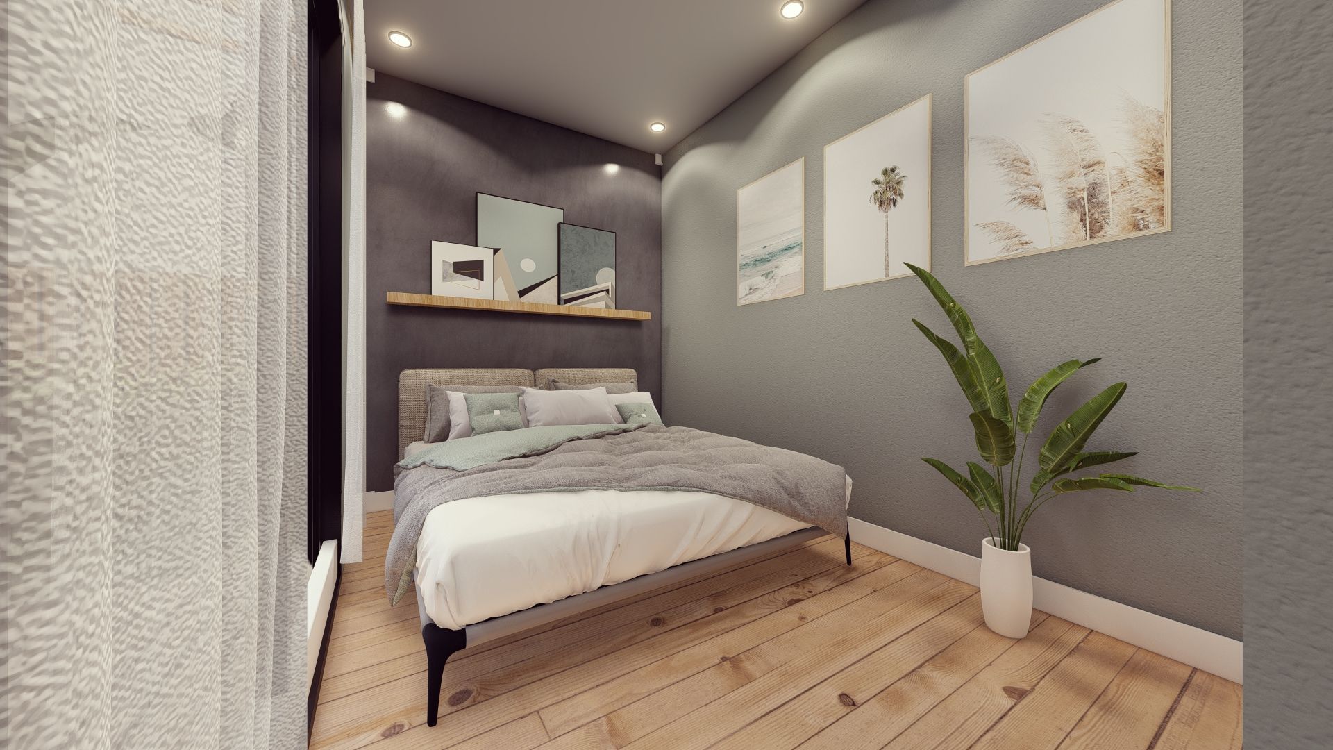 An artist 's impression of a bedroom with a bed and a plant.